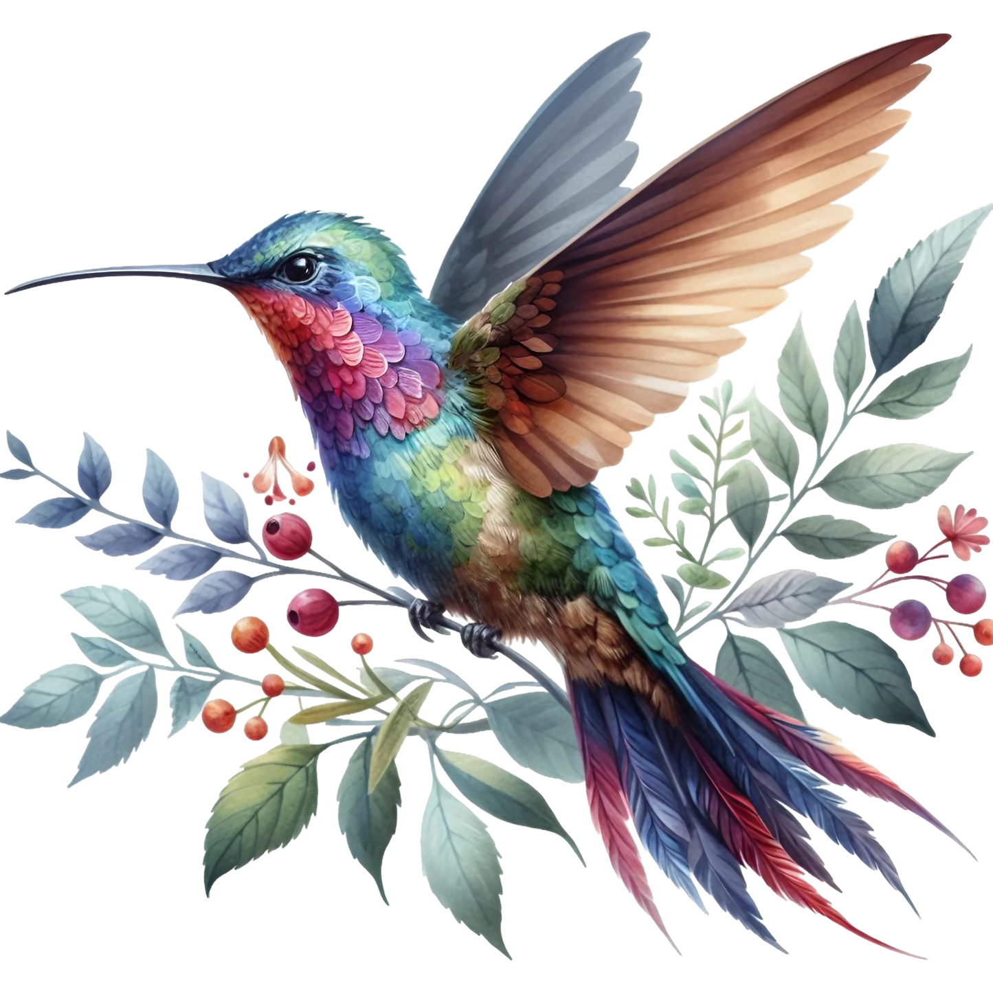 Watercolor Hummingbird Floral Fabric Panel 18 featuring a vibrant, detailed hummingbird amid soft pastel leaves and berries.
