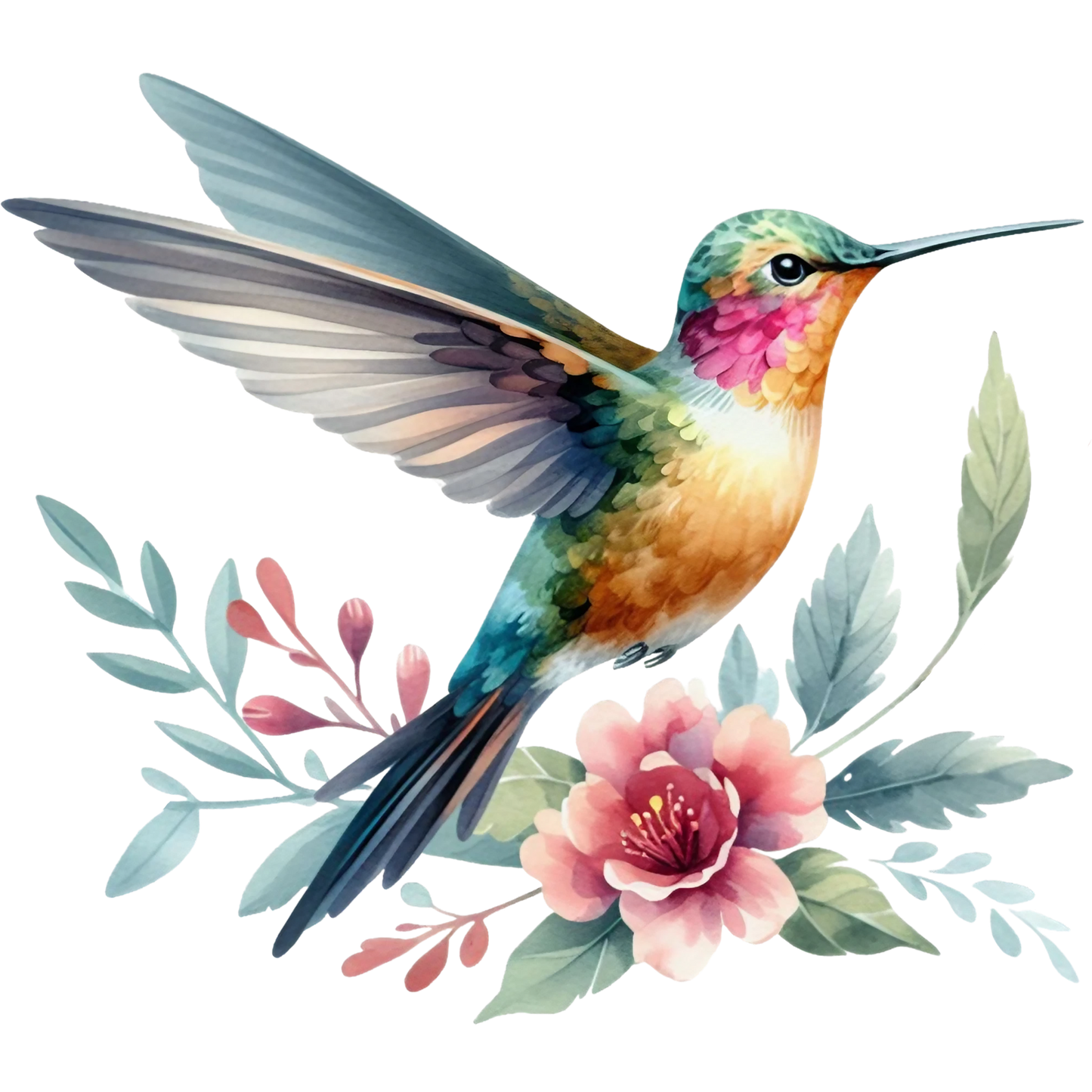 Watercolor Hummingbird Floral Fabric Panel 19 featuring a vibrant hummingbird and pastel floral leaves on premium quilting cotton.