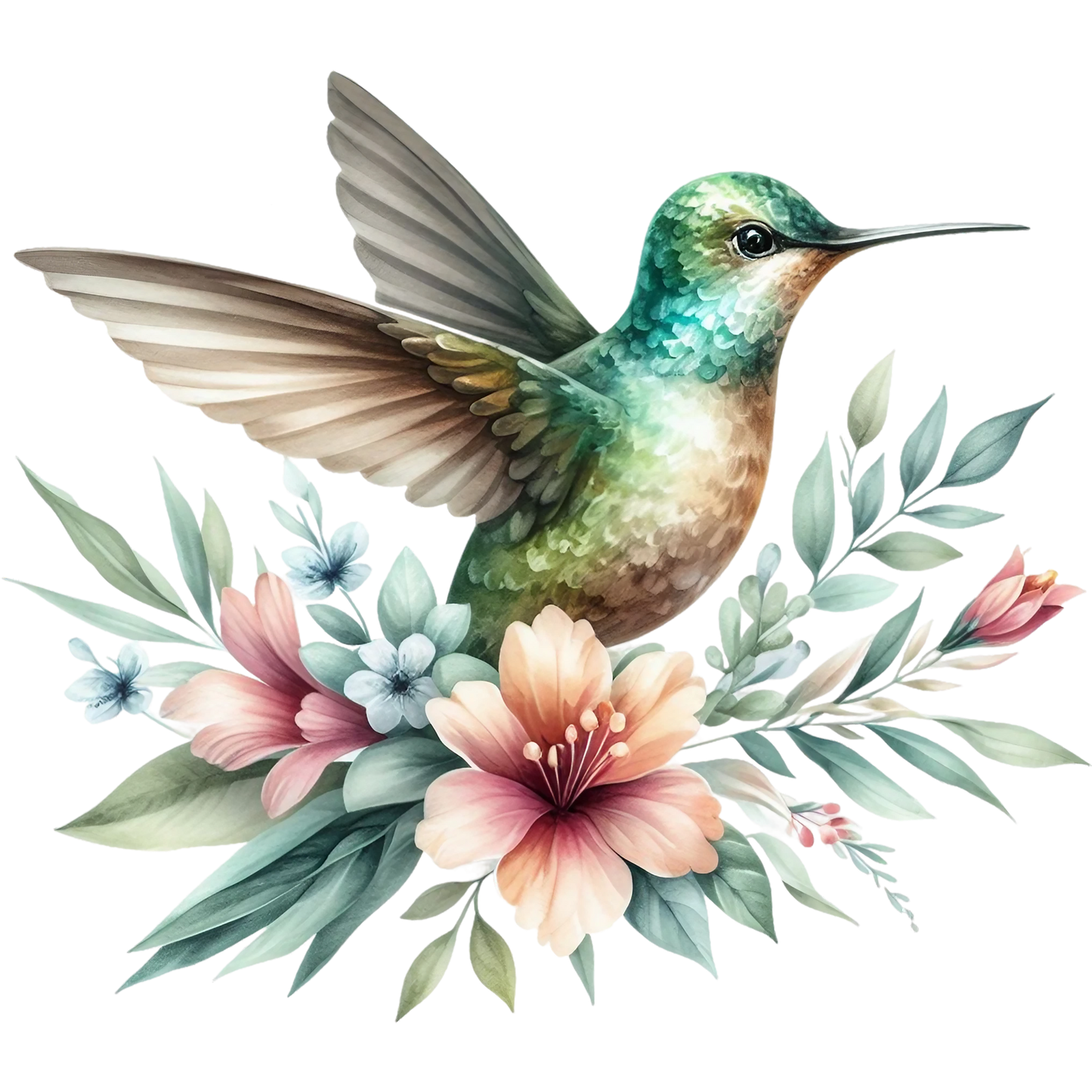 Watercolor Hummingbird Floral Fabric Panel 2 with detailed bird and pastel flowers on premium quilting cotton fabric.