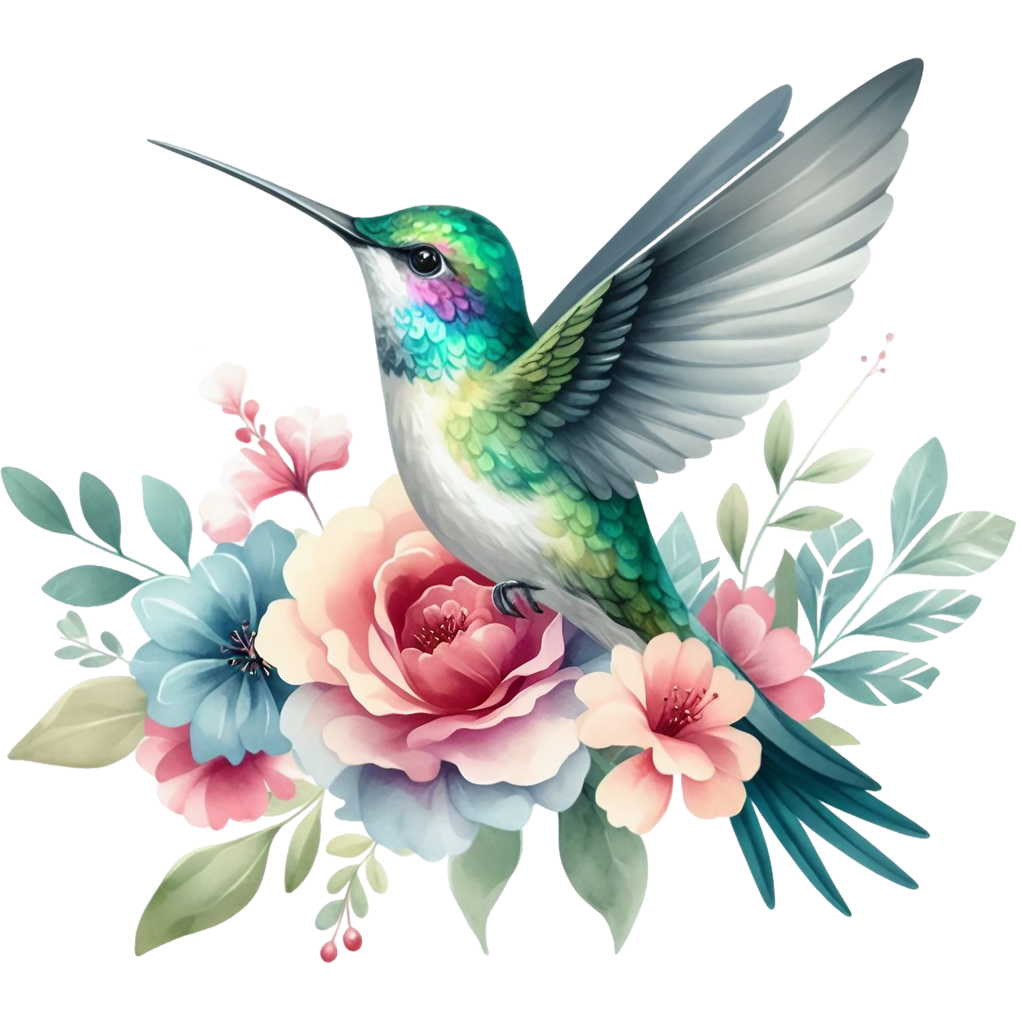 Watercolor Hummingbird Floral Fabric Panel 20 features a vibrant green hummingbird with detailed feathers perched among pastel pink and blue flowers.