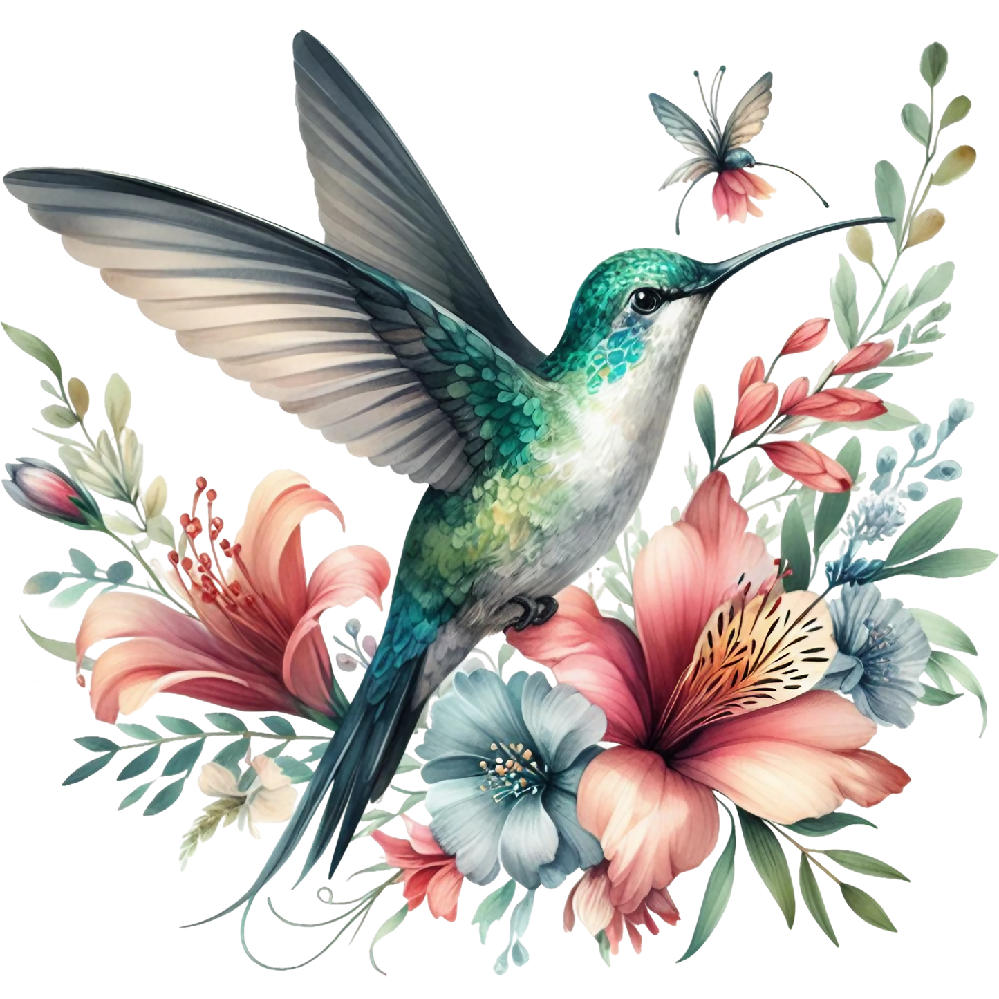 Watercolor Hummingbird Floral Fabric Panel 23 featuring a detailed green hummingbird amidst colorful pink and blue flowers and delicate foliage.