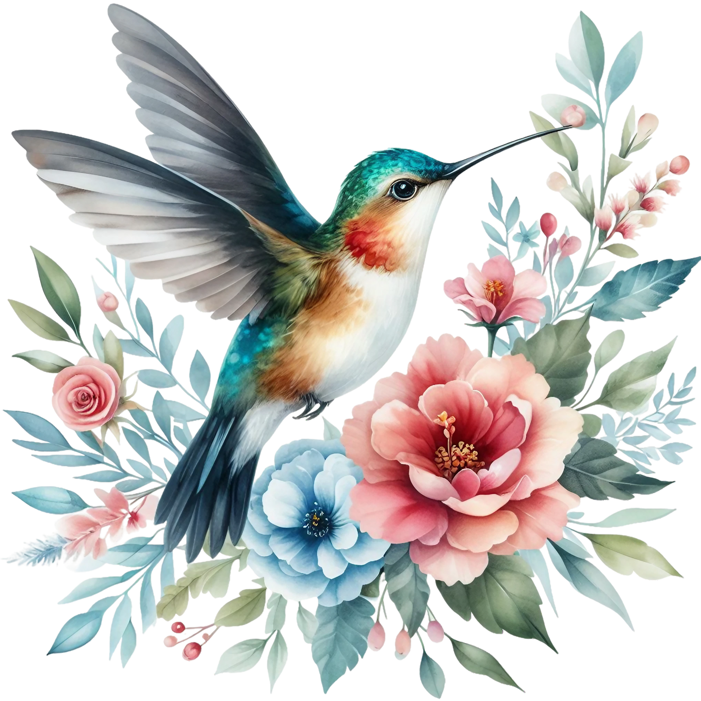 Watercolor Hummingbird Floral Fabric Panel 24 featuring a vibrant hummingbird with pink and blue floral accents on premium quilting cotton.