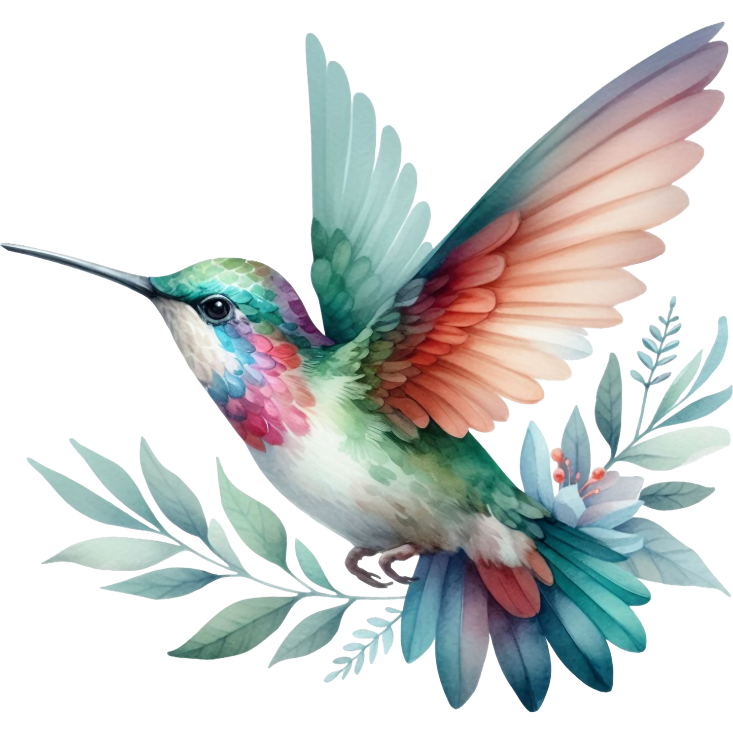 Watercolor Hummingbird Floral Fabric Panel 25 features a vibrant hummingbird with soft floral leaves on premium quilting cotton.
