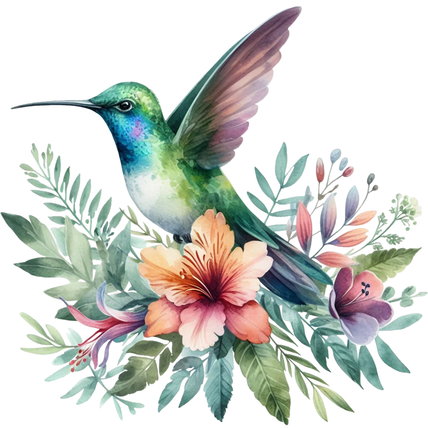Watercolor Hummingbird Floral Fabric Panel 27 featuring a colorful hummingbird with vibrant flowers and green leaves on premium quilting cotton.