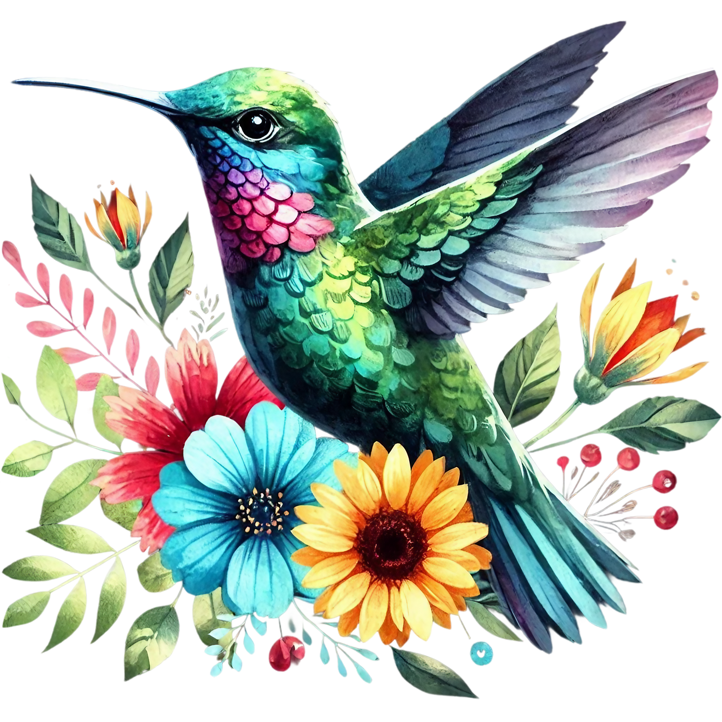 Watercolor Hummingbird Floral Fabric Panel 28 featuring vibrant green hummingbird with detailed feathers and colorful blooming flowers.