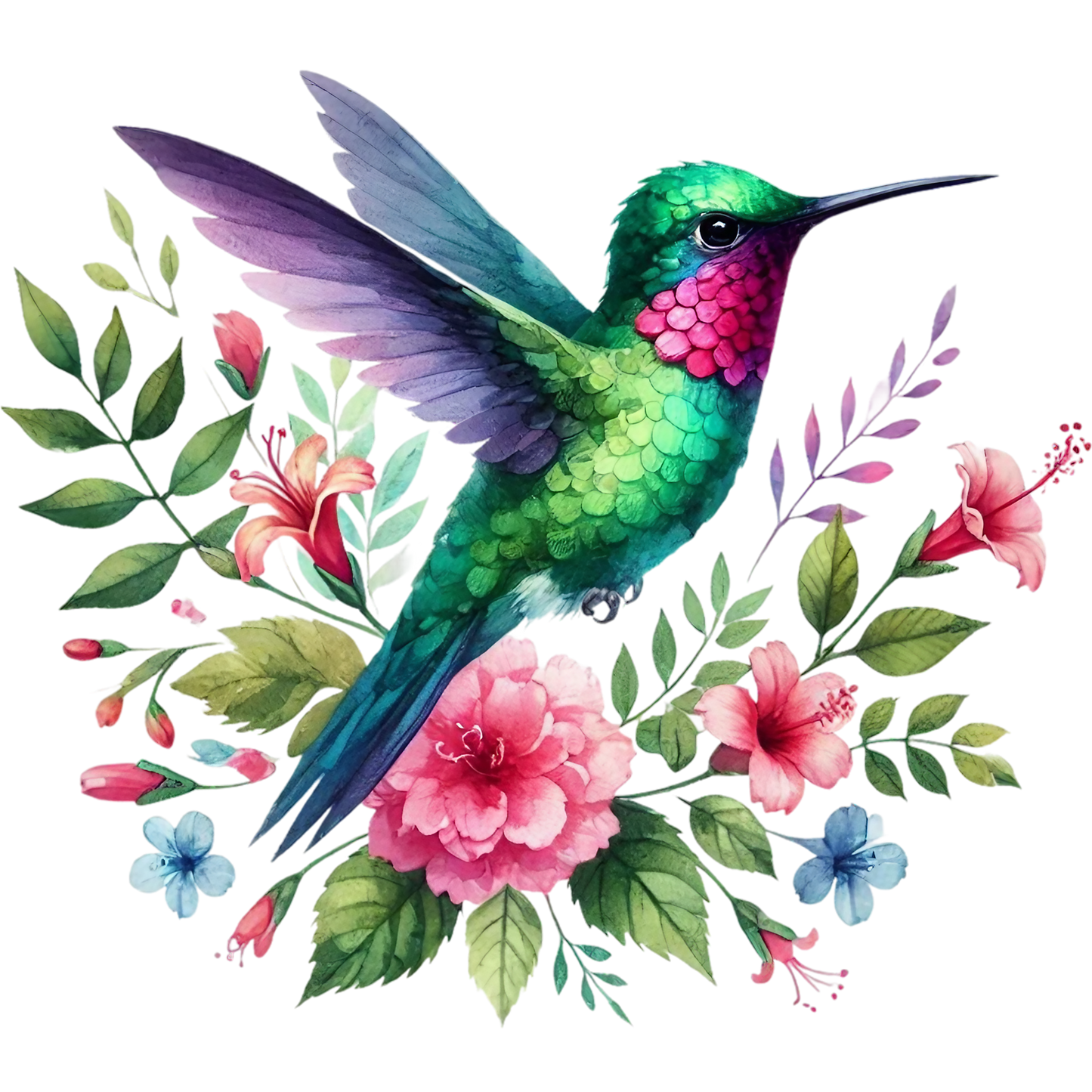 Watercolor Hummingbird Floral Fabric Panel 29 featuring vibrant green hummingbird and colorful flowers on premium quilting cotton.