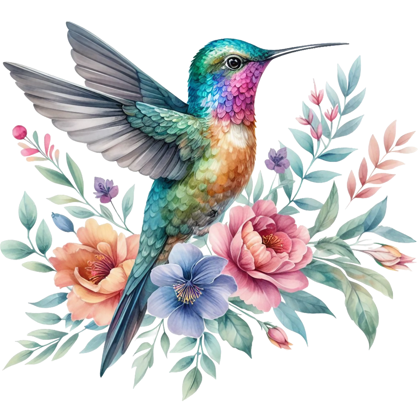 Watercolor Hummingbird Floral Fabric Panel 3 featuring a colorful hummingbird with detailed feathers amid pastel flowers and green leaves.