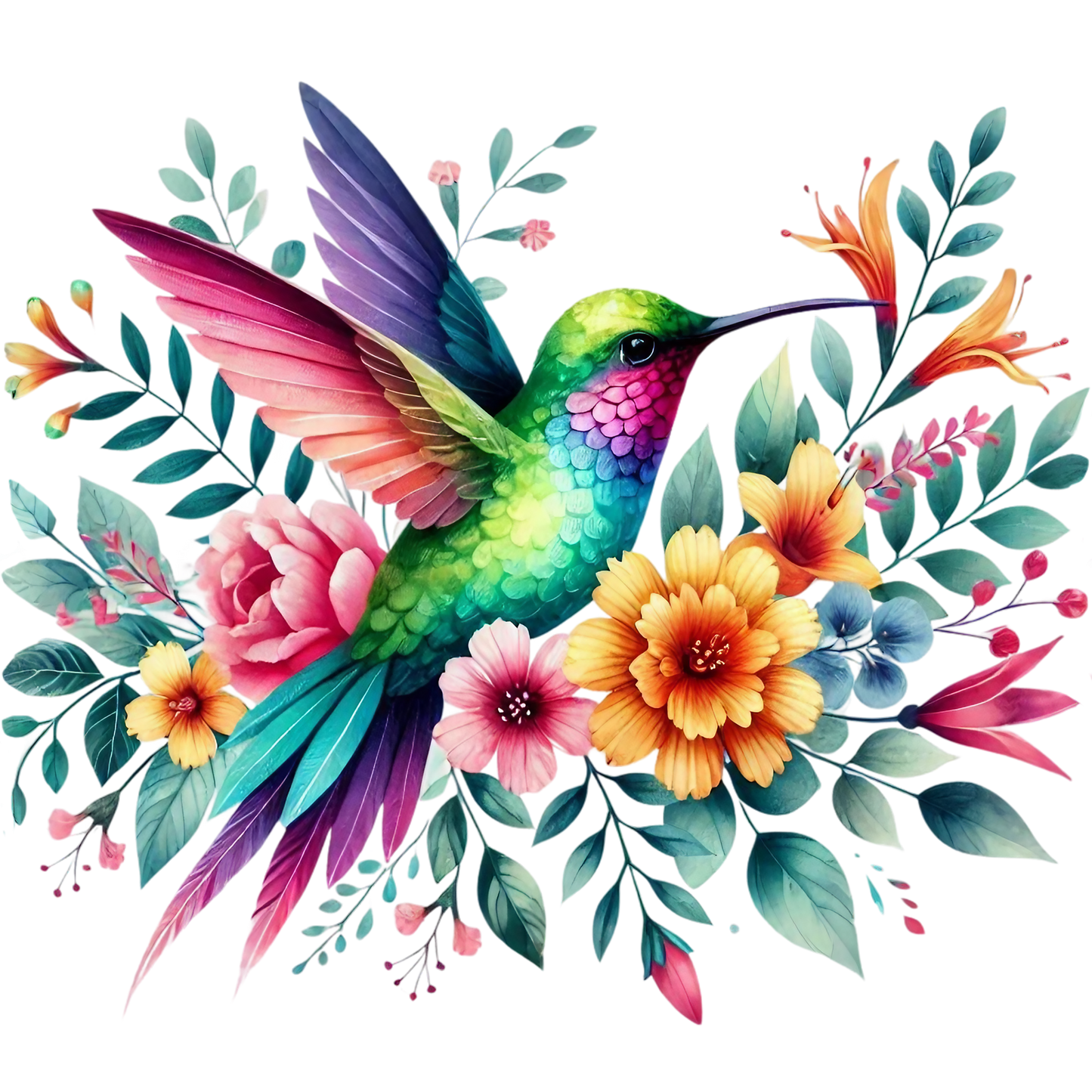 Watercolor Hummingbird Floral Fabric Panel 30 vibrant colorful hummingbird surrounded by blooming flowers and leaves on premium quilting cotton.