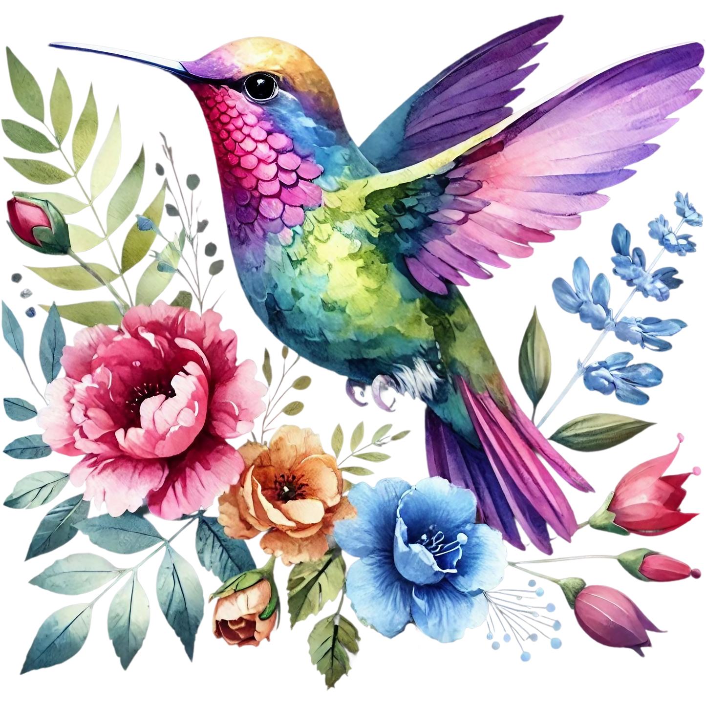 Watercolor Hummingbird Floral Fabric Panel 31 features a vibrant hummingbird with colorful flowers on premium cotton fabric.
