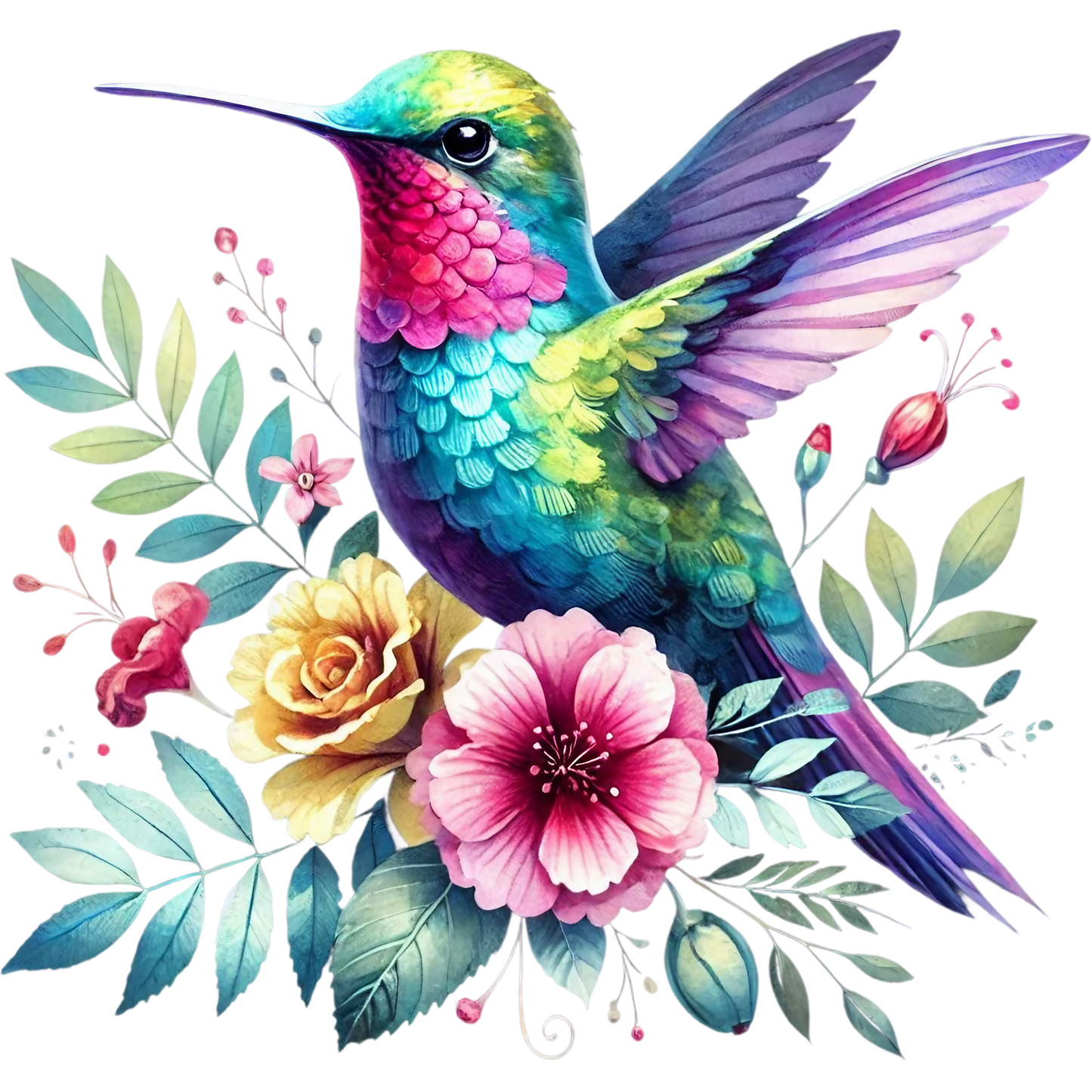Watercolor Hummingbird Floral Fabric Panel 32 features a vibrant hummingbird with colorful feathers and detailed flowers in premium quilting cotton.