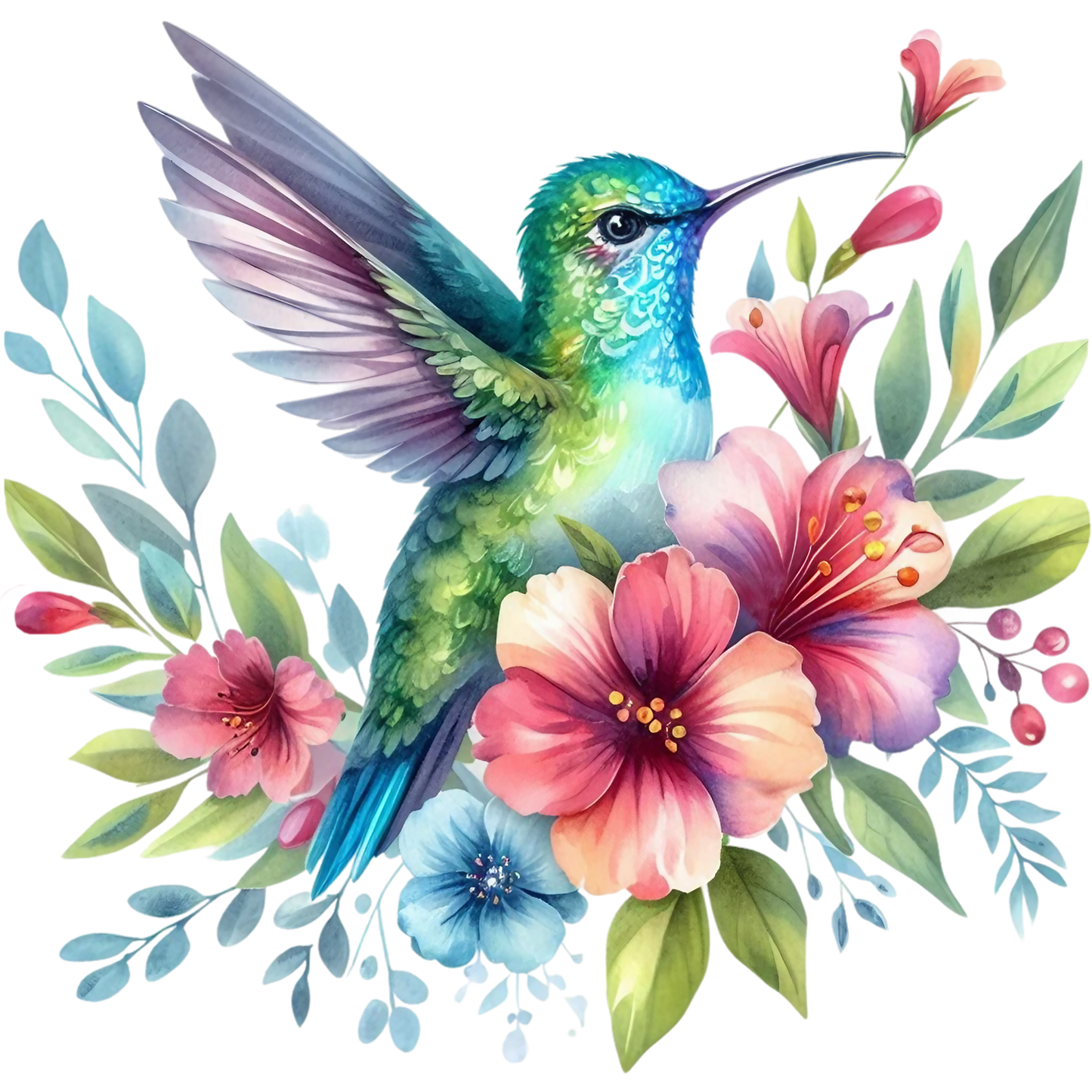 Watercolor Hummingbird Floral Fabric Panel 34 with vibrant hummingbird and colorful flowers on premium quilting cotton fabric.