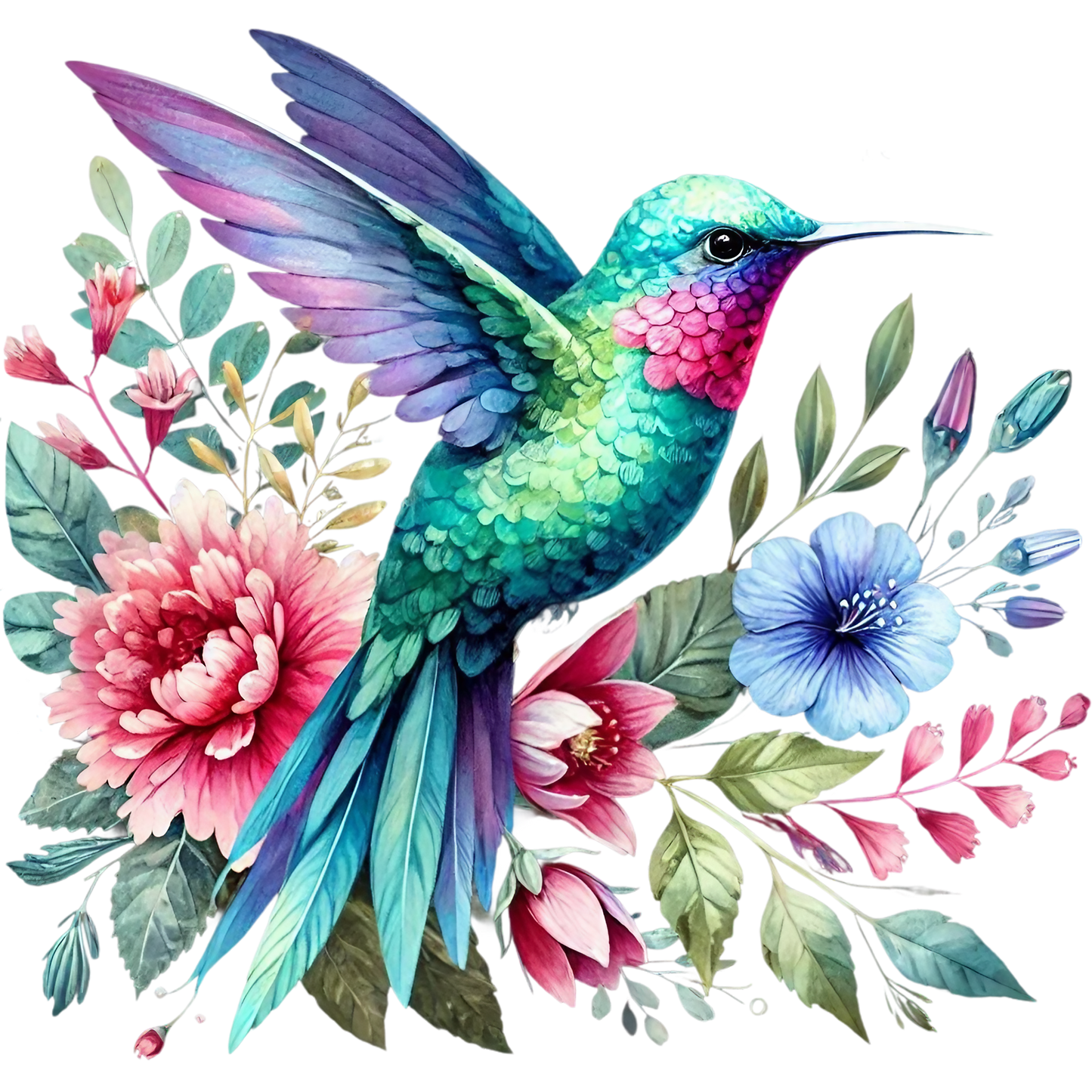 Watercolor Hummingbird Floral Fabric Panel 35 featuring vibrant teal and pink hummingbird with detailed flowers on premium quilting cotton.