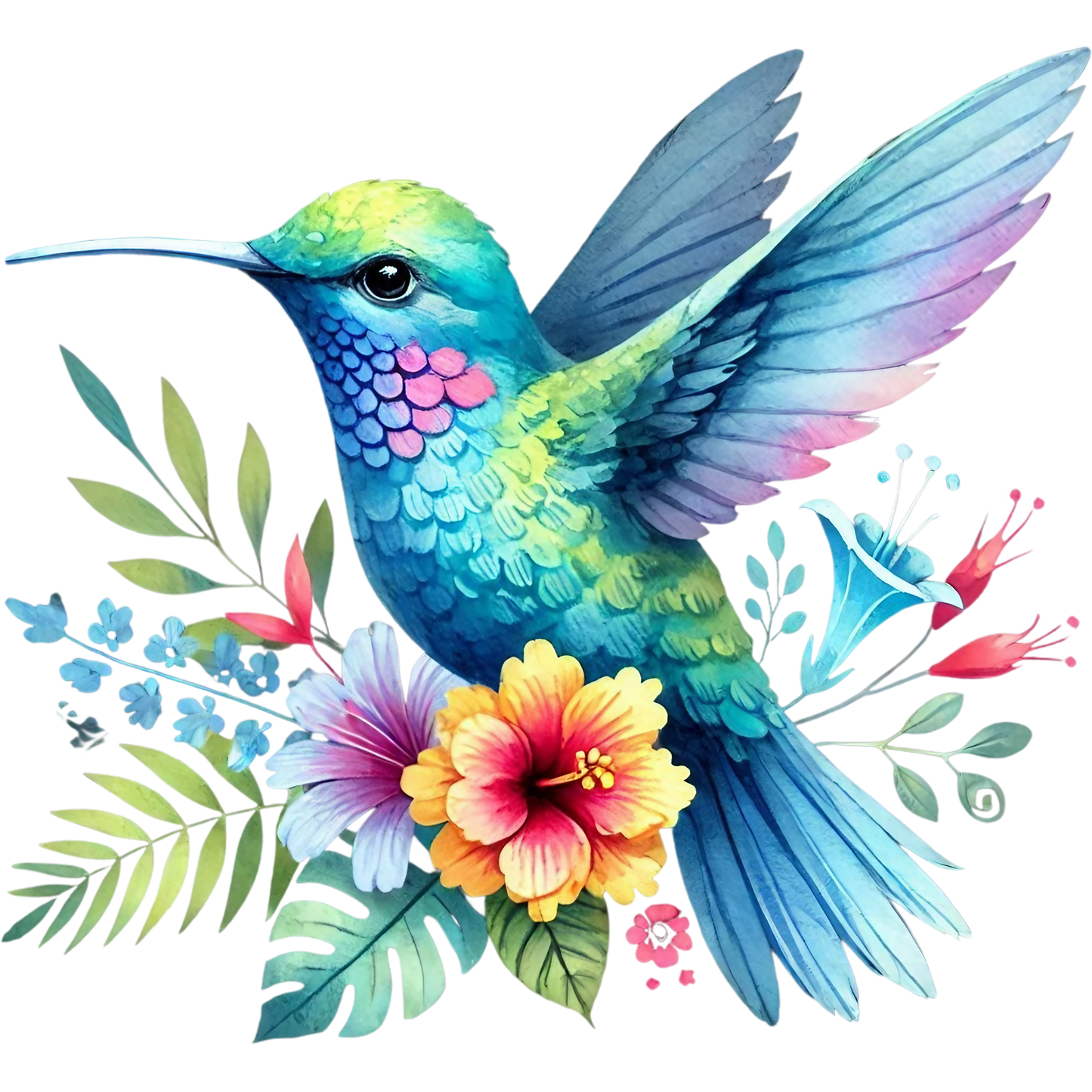 Watercolor Hummingbird Floral Fabric Panel 38 featuring a vibrant blue and green hummingbird surrounded by colorful tropical flowers and leaves.