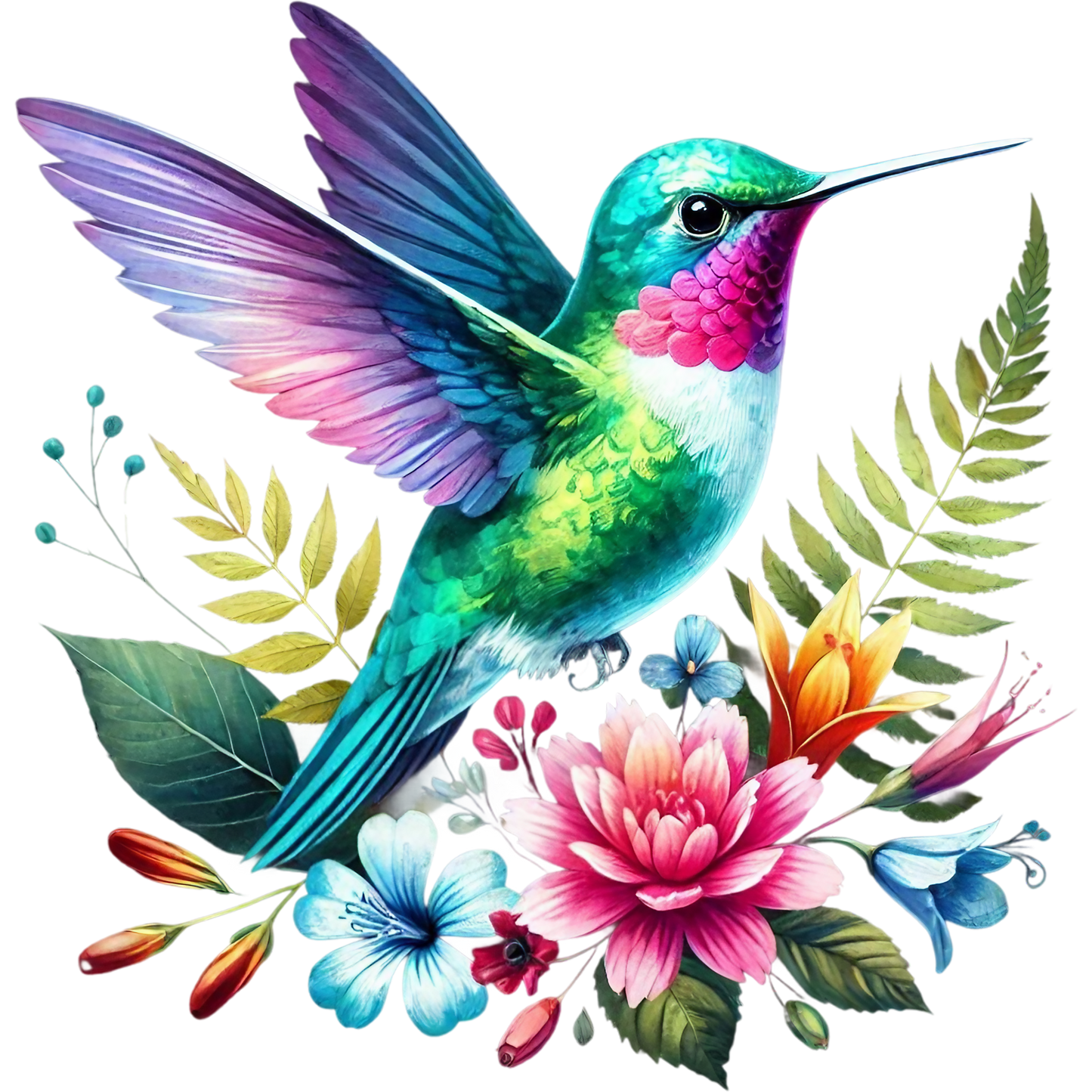 Watercolor Hummingbird Floral Fabric Panel 39 featuring a vibrant hummingbird with colorful flowers and lush green leaves on quilting cotton.