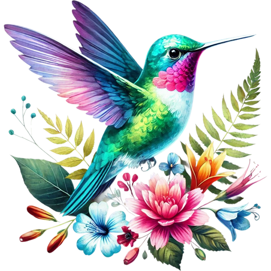 Watercolor Hummingbird Floral Fabric Panel 39 featuring a vibrant hummingbird with colorful flowers and lush green leaves on quilting cotton.