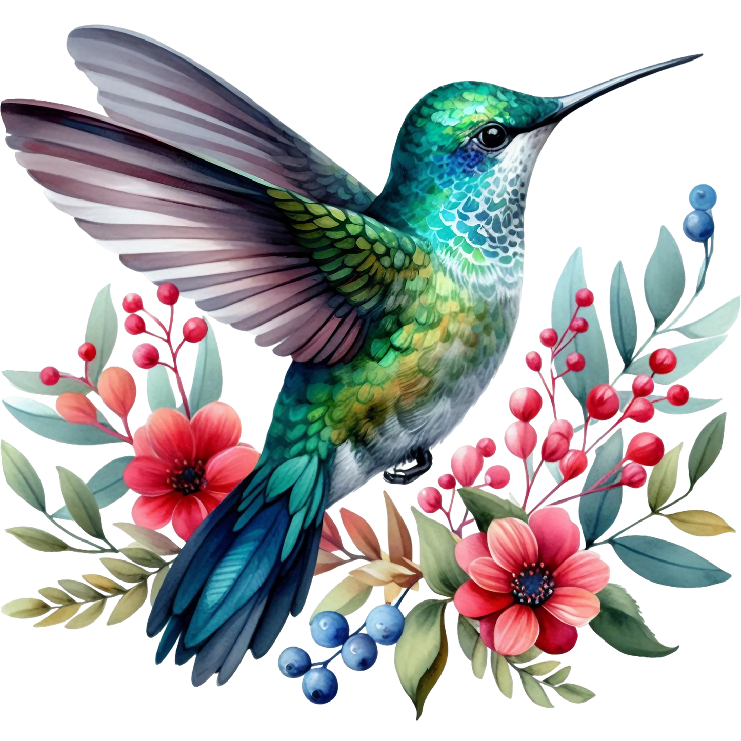 Watercolor Hummingbird Floral Fabric Panel 4 featuring a vibrant green hummingbird with detailed feathers surrounded by red and blue flowers.