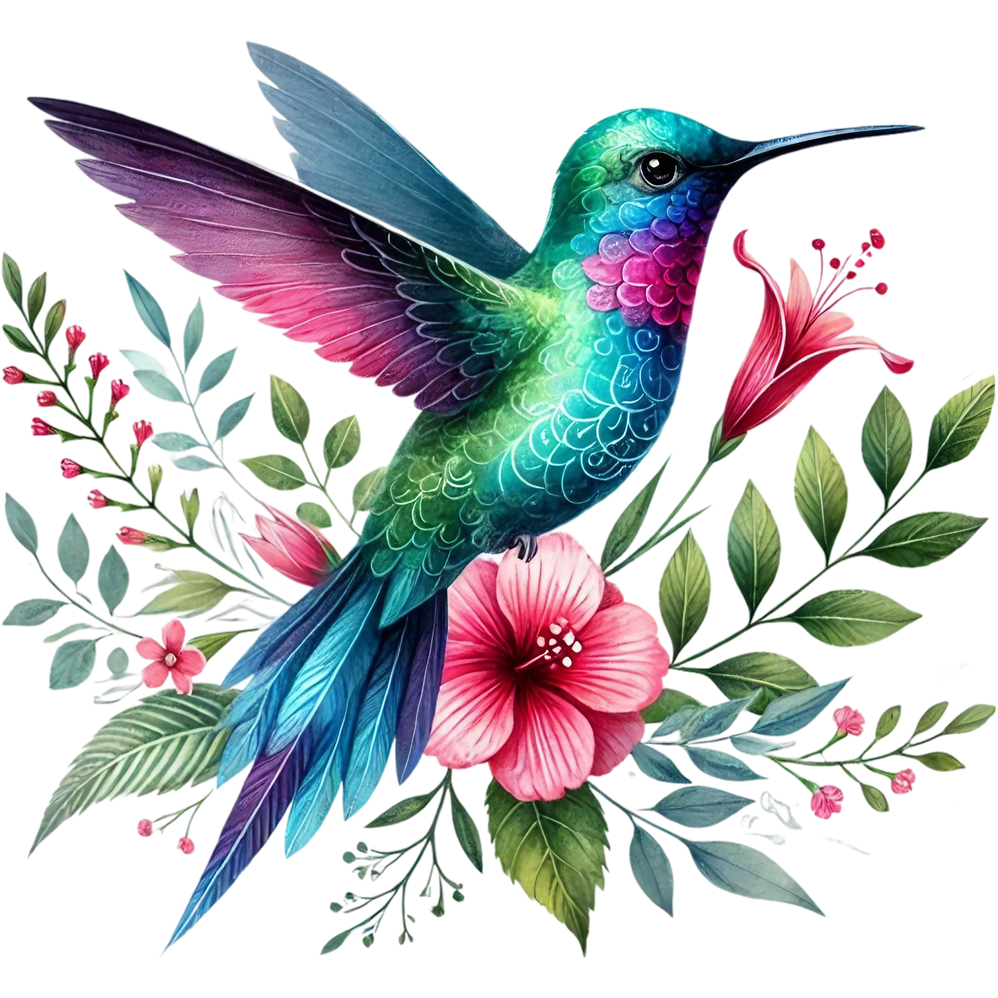 Watercolor Hummingbird Floral Fabric Panel 40 with vibrant teal and purple bird surrounded by pink hibiscus and green leaves on quilting cotton.