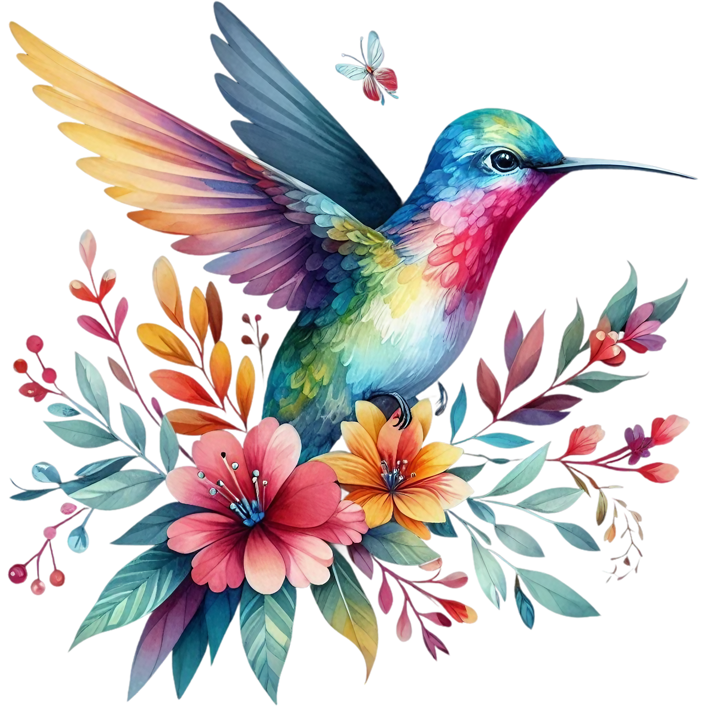Watercolor Hummingbird Floral Fabric Panel 41 featuring a vibrant hand-painted hummingbird surrounded by colorful flowers and leaves.
