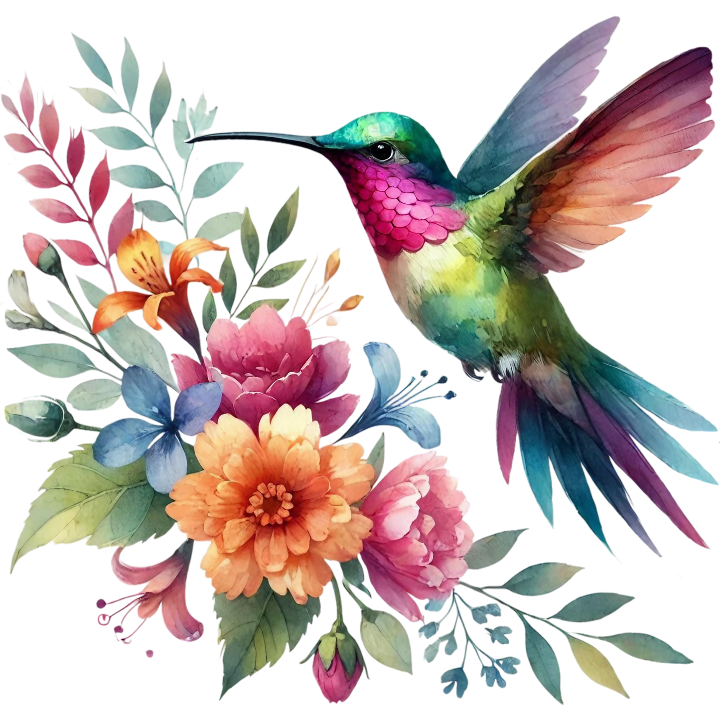 Watercolor Hummingbird Floral Fabric Panel 42 featuring vibrant bird and colorful flowers on premium quilting cotton.