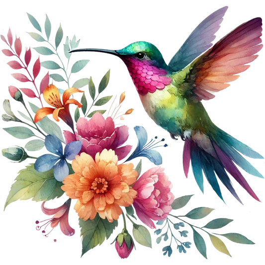 Watercolor Hummingbird Floral Fabric Panel 42 featuring vibrant bird and colorful flowers on premium quilting cotton.