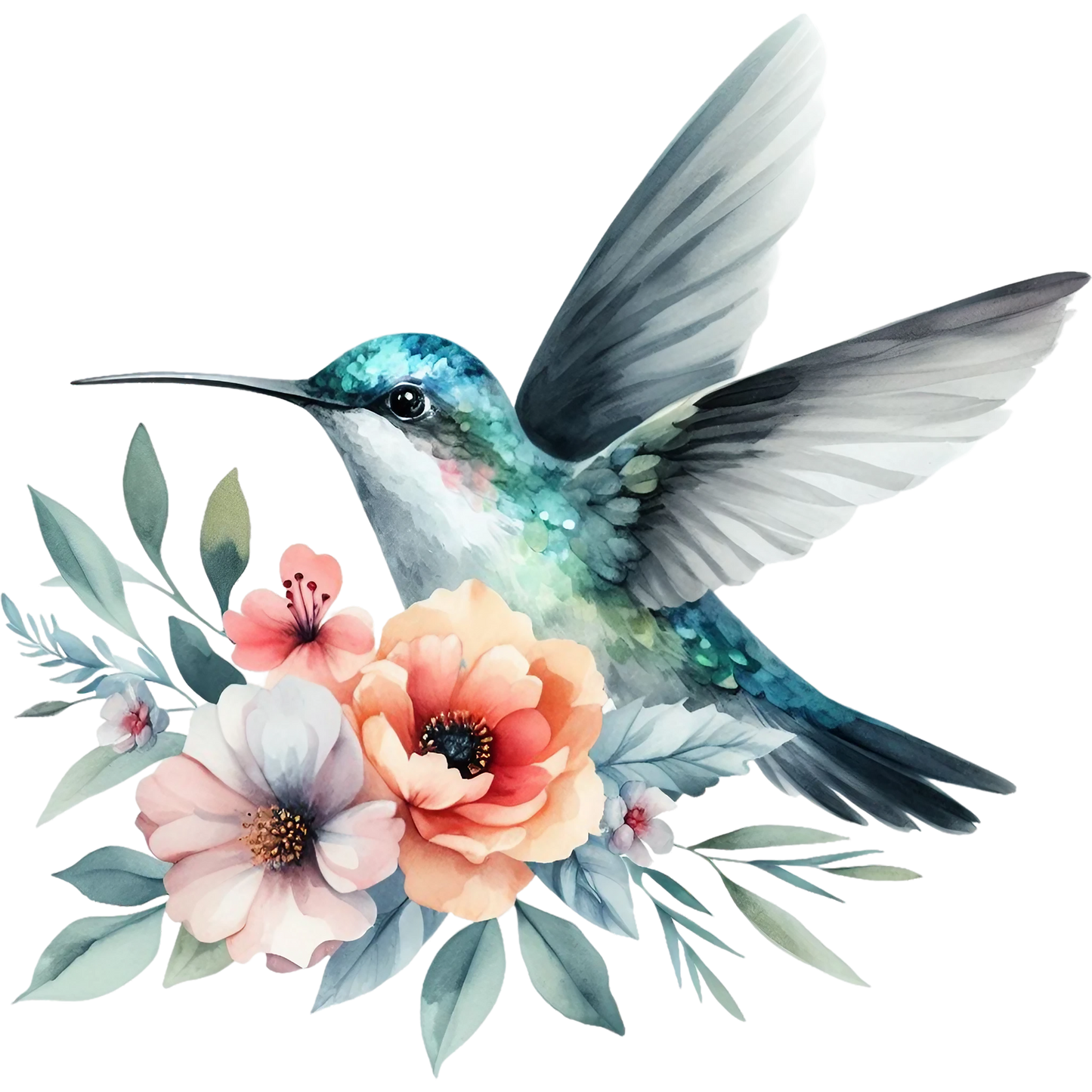 Watercolor Hummingbird Floral Fabric Panel 5 featuring a detailed teal hummingbird with soft peach and white flowers on premium quilting cotton.