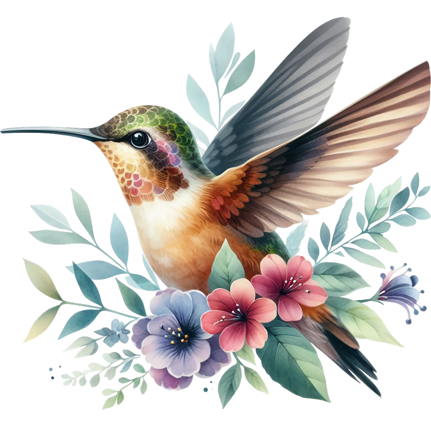 Watercolor Hummingbird Floral Fabric Panel 6 with vibrant hummingbird and pastel flowers printed on premium quilting cotton.