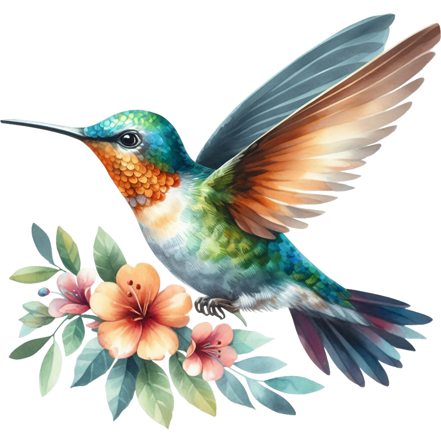 Watercolor Hummingbird Floral Fabric Panel 7 with vibrant blue, green, and orange hummingbird and soft peach flowers on quilting cotton.