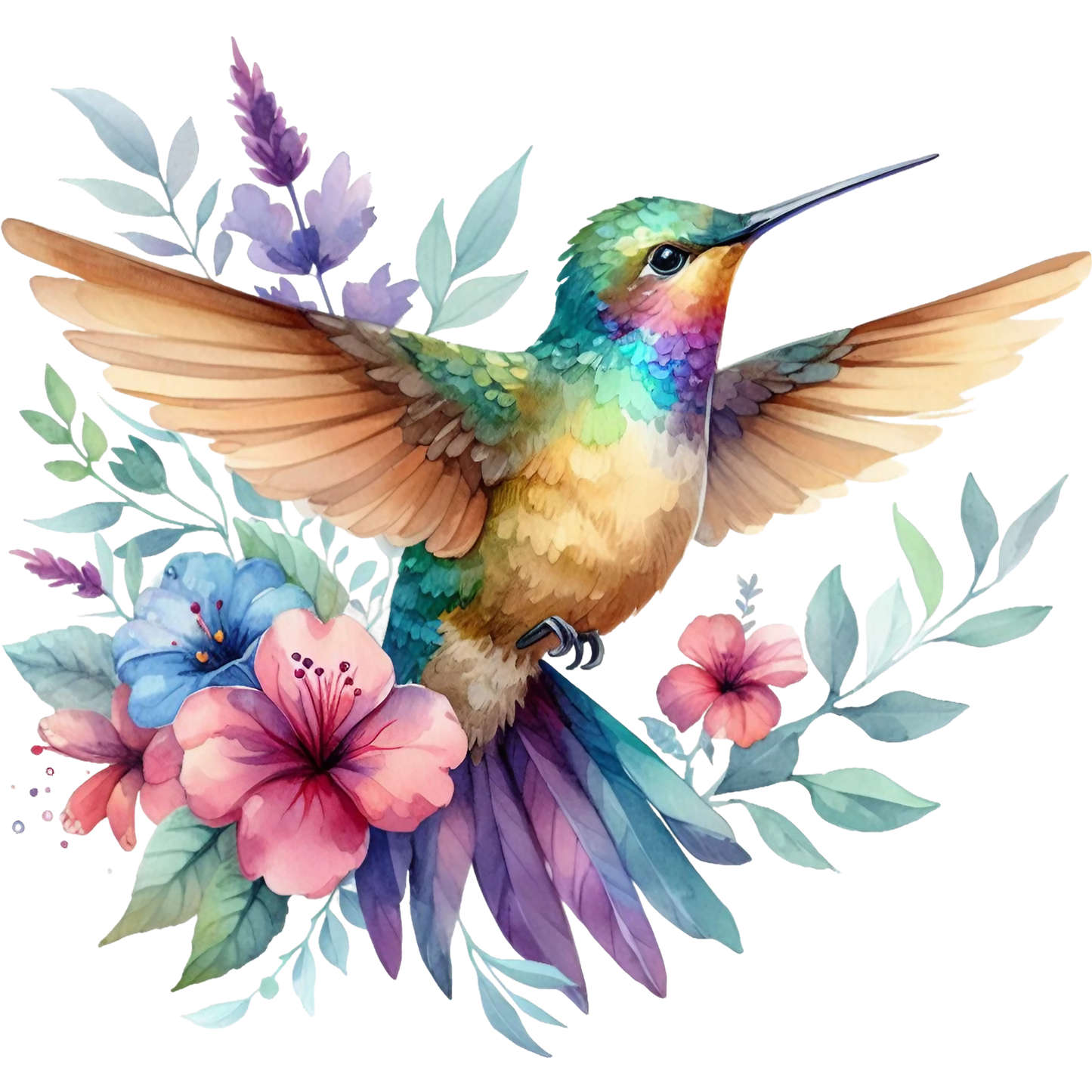 Watercolor Hummingbird Floral Fabric Panel 8 featuring a colorful hummingbird and vibrant flowers on premium quilting cotton fabric.
