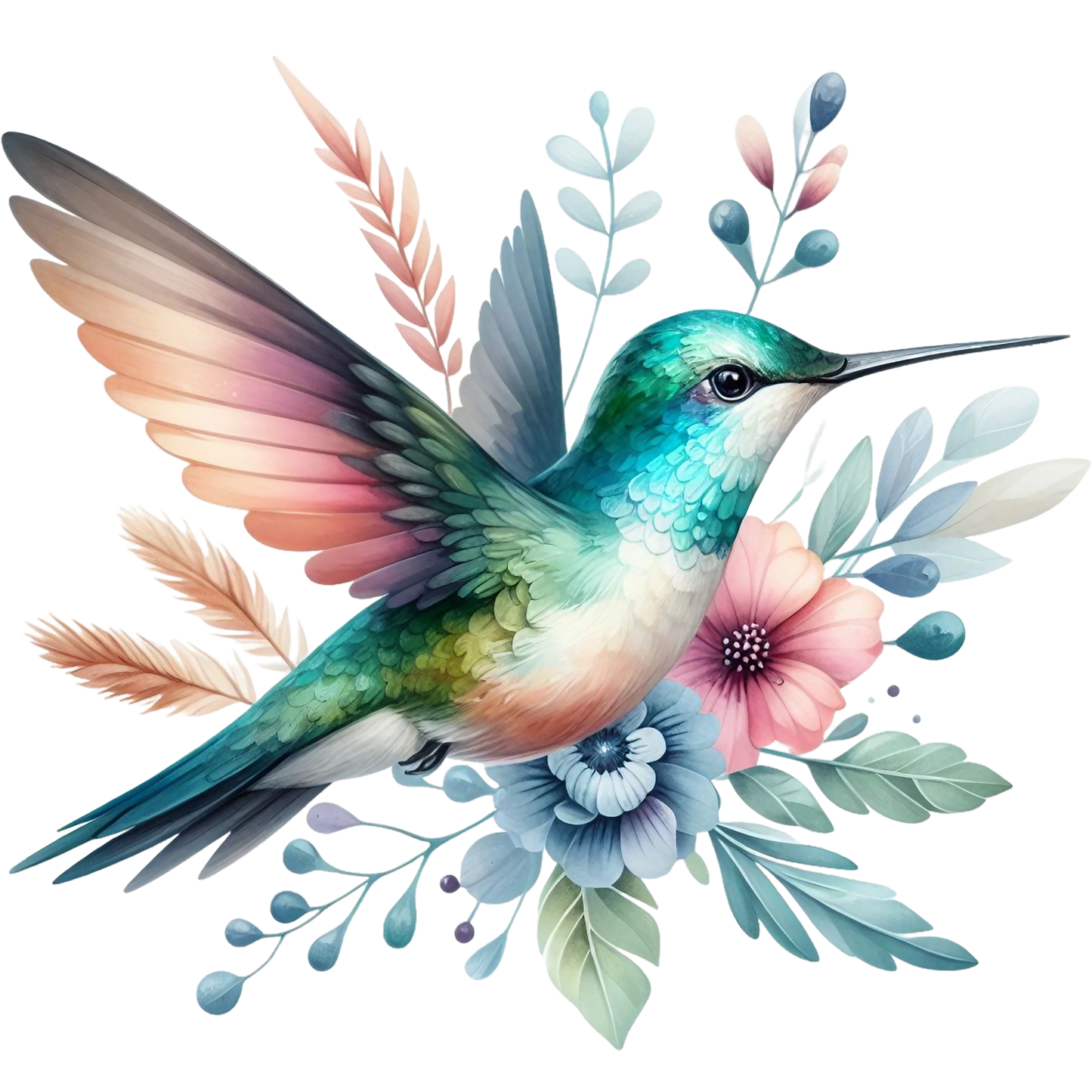 Watercolor Hummingbird Floral Fabric Panel 9 featuring a colorful hummingbird surrounded by pastel floral elements on premium quilting cotton.