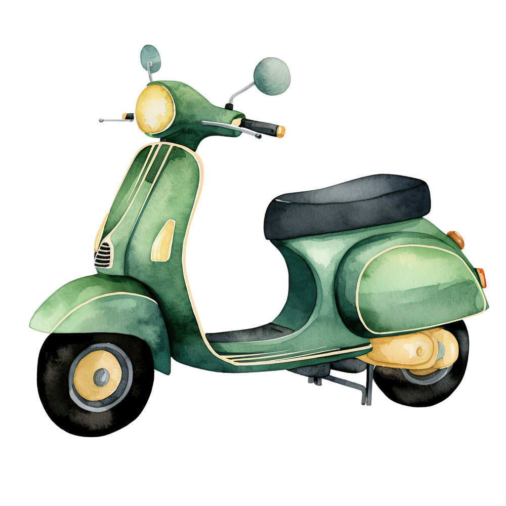 Watercolor Scooter Fabric Panel featuring a detailed green vintage scooter illustration on premium quilting cotton.