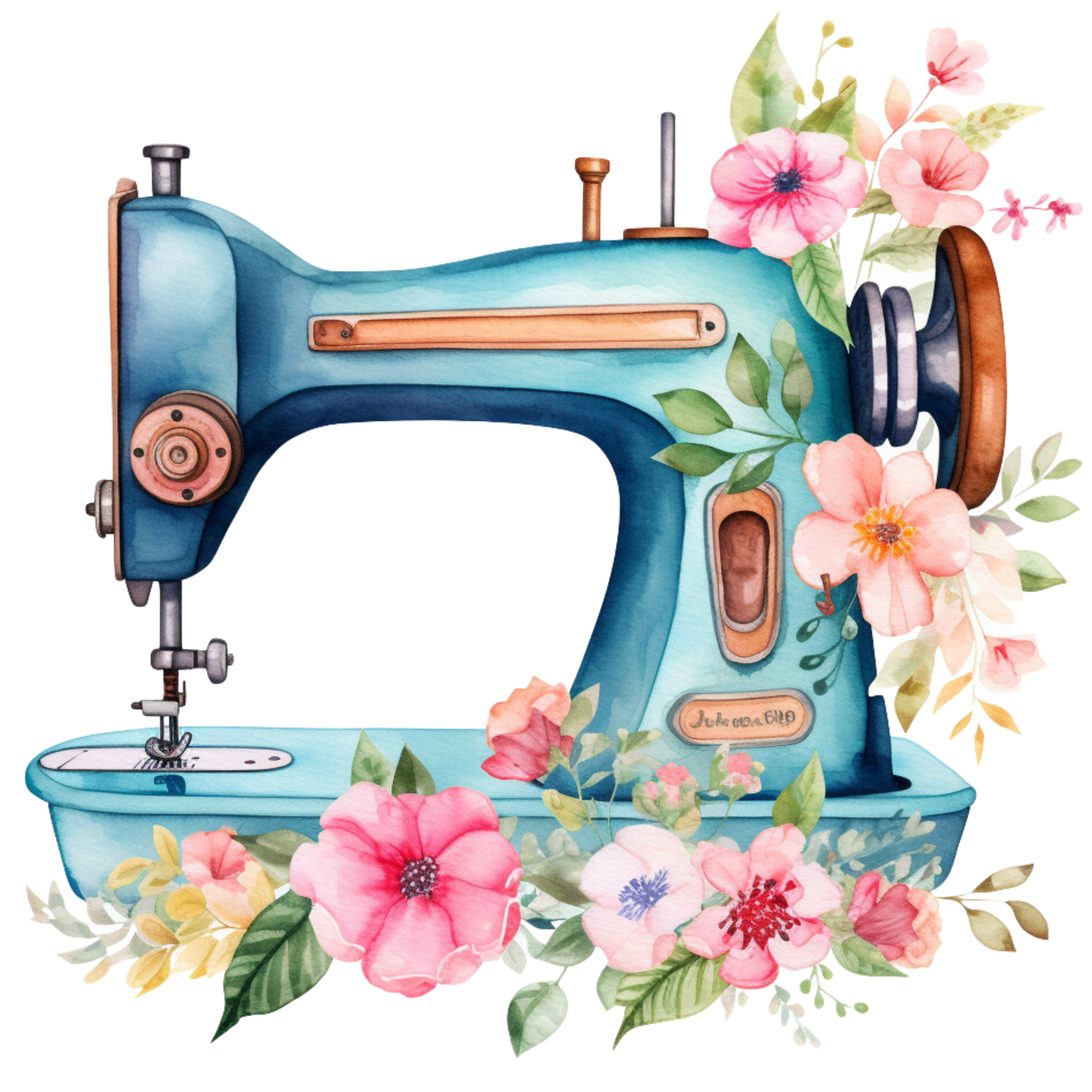 Watercolor Sewing Machines Fabric Panel 1 featuring a blue vintage sewing machine adorned with pink and peach floral accents.