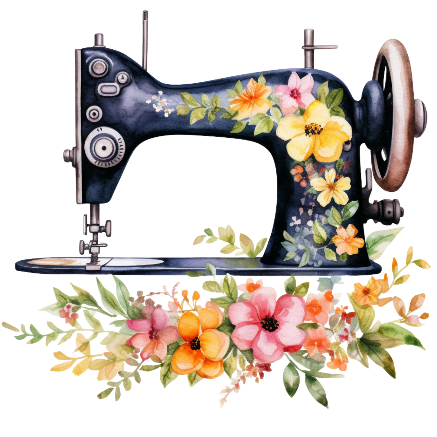 Watercolor Sewing Machines Fabric Panel 4 featuring a vintage sewing machine decorated with colorful floral patterns and leaves.