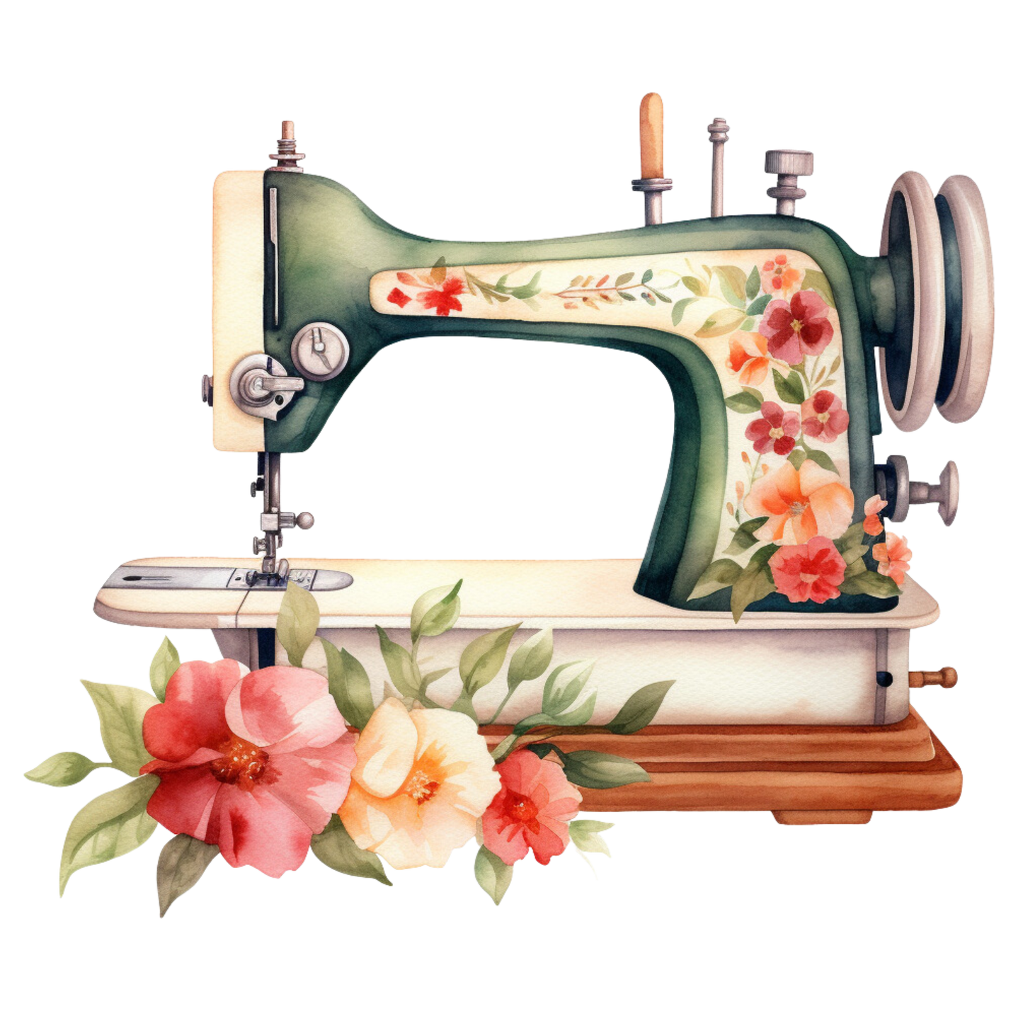 Watercolor Sewing Machines Fabric Panel 6 featuring a vintage sewing machine with floral watercolor designs on quilting cotton fabric.