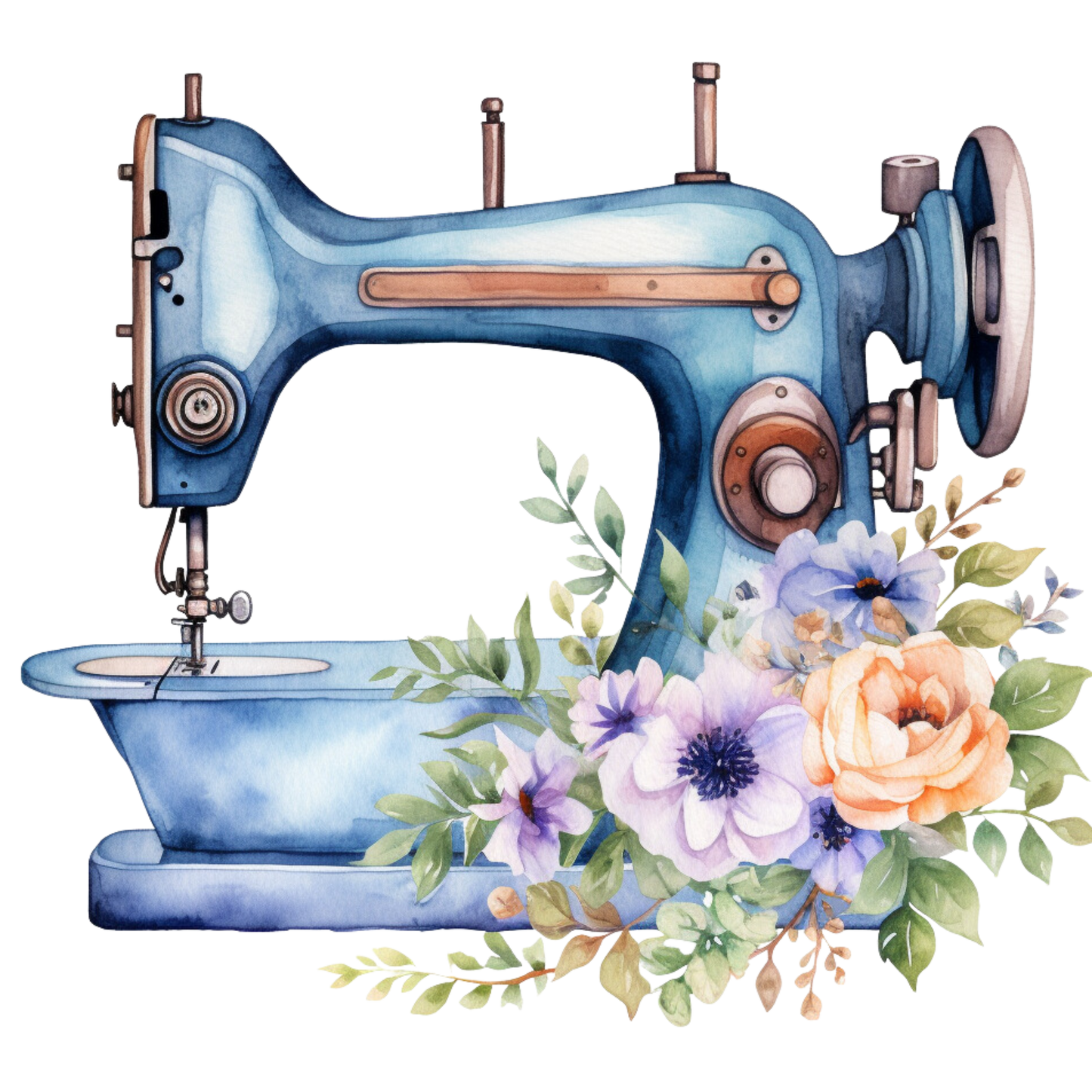 Watercolor Sewing Machines Fabric Panel 7 featuring a detailed blue vintage sewing machine with floral accents on premium quilting cotton.