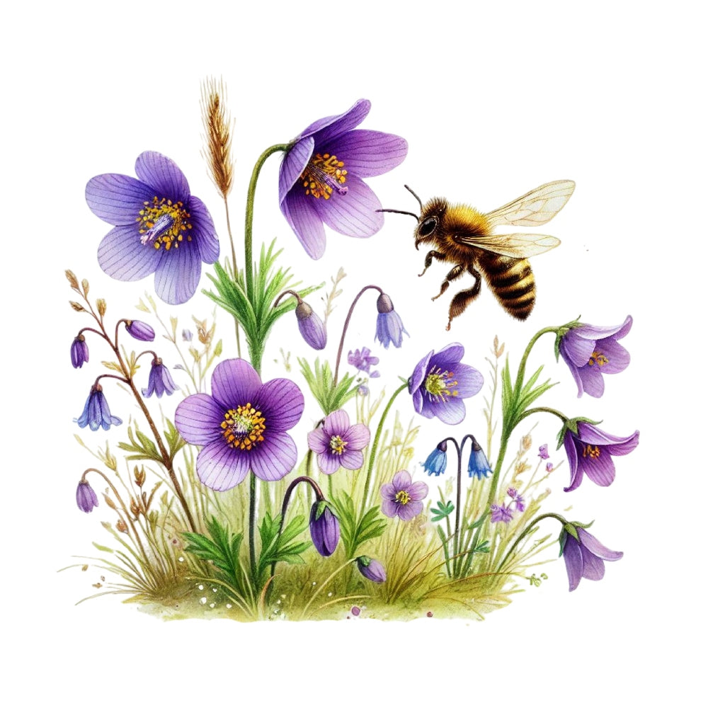 Watercolor Spring Bees Fabric Panel 13 featuring detailed bees and purple wildflowers on premium cotton quilting fabric.