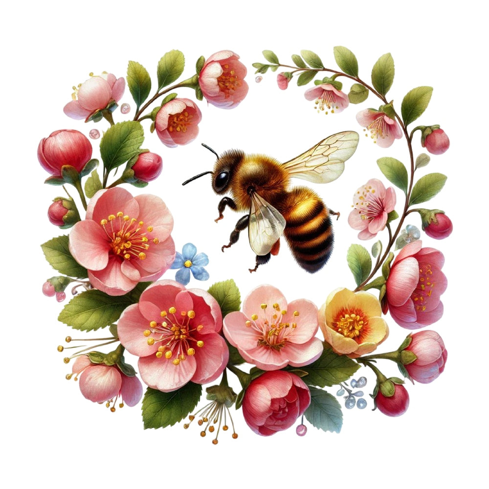 Watercolor Spring Bees Fabric Panel 4 with detailed bee and pink floral wreath on premium quilting cotton.