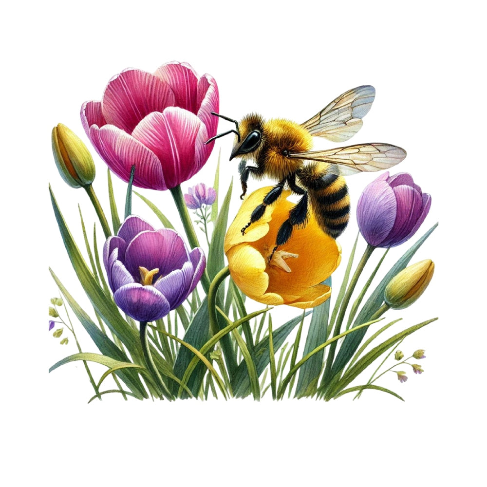 Watercolor Spring Bees Fabric Panel 6 featuring a detailed bee on vibrant pink and yellow spring flowers with green leaves.