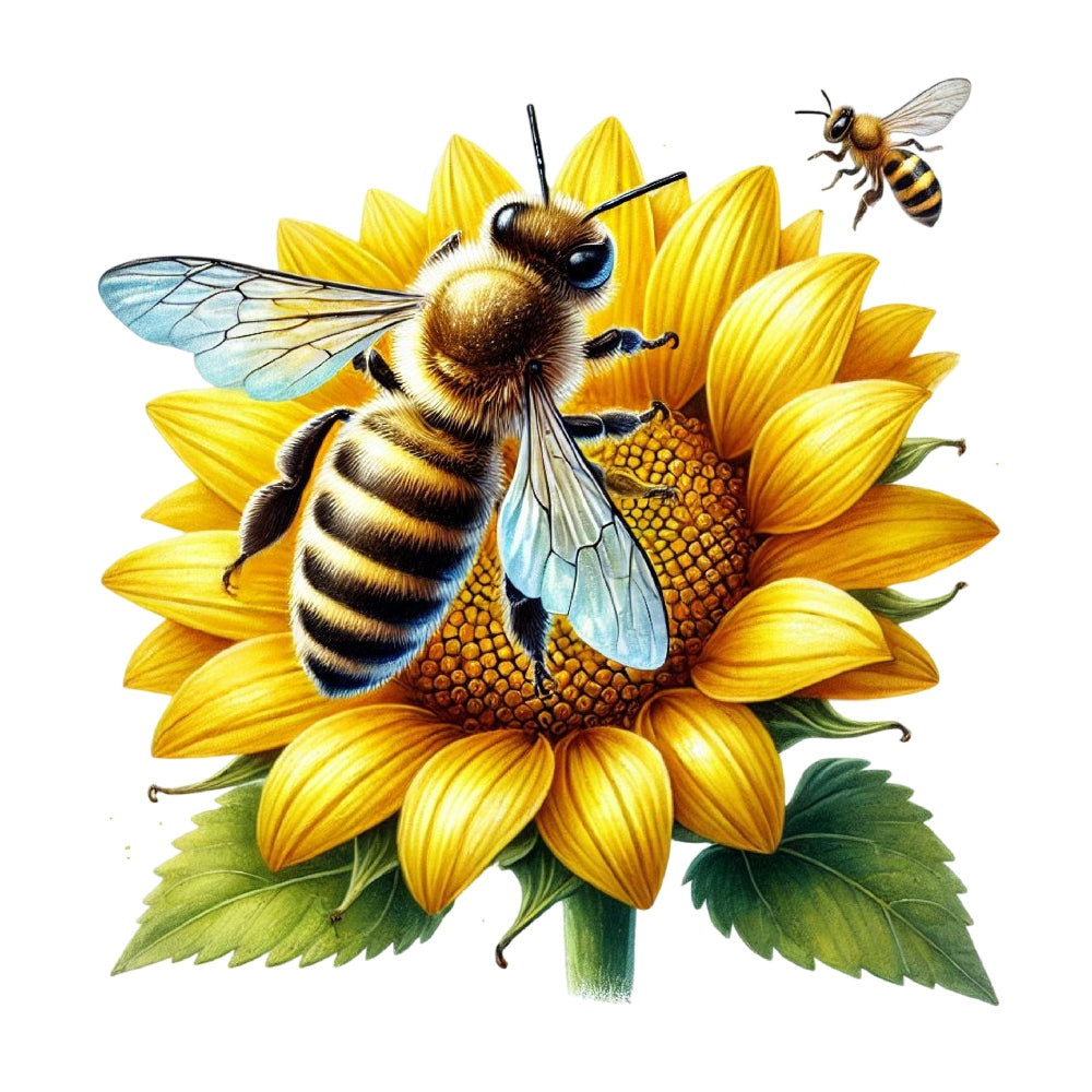 Watercolor Spring Bees Fabric Panel 9 featuring detailed bees on a vibrant sunflower with premium quilting cotton texture.