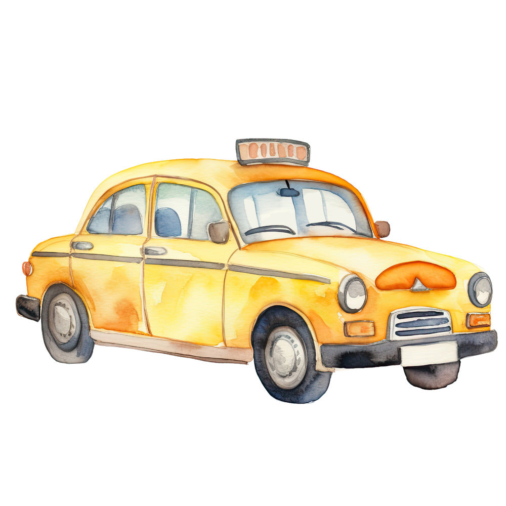 Watercolor Taxi Fabric Panel featuring a detailed, hand-painted yellow taxi car on premium quilting cotton fabric.