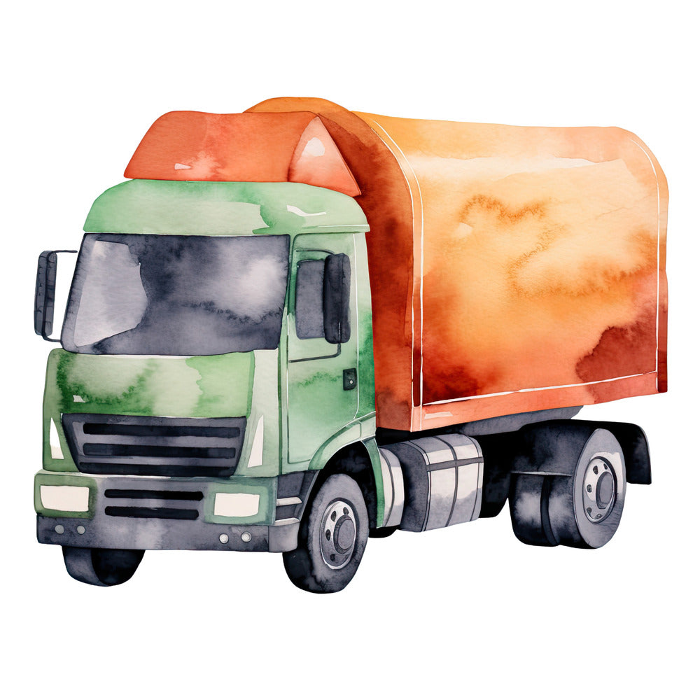 Watercolor Truck Fabric Panel featuring a hand-painted green and orange truck design on premium quilting cotton.