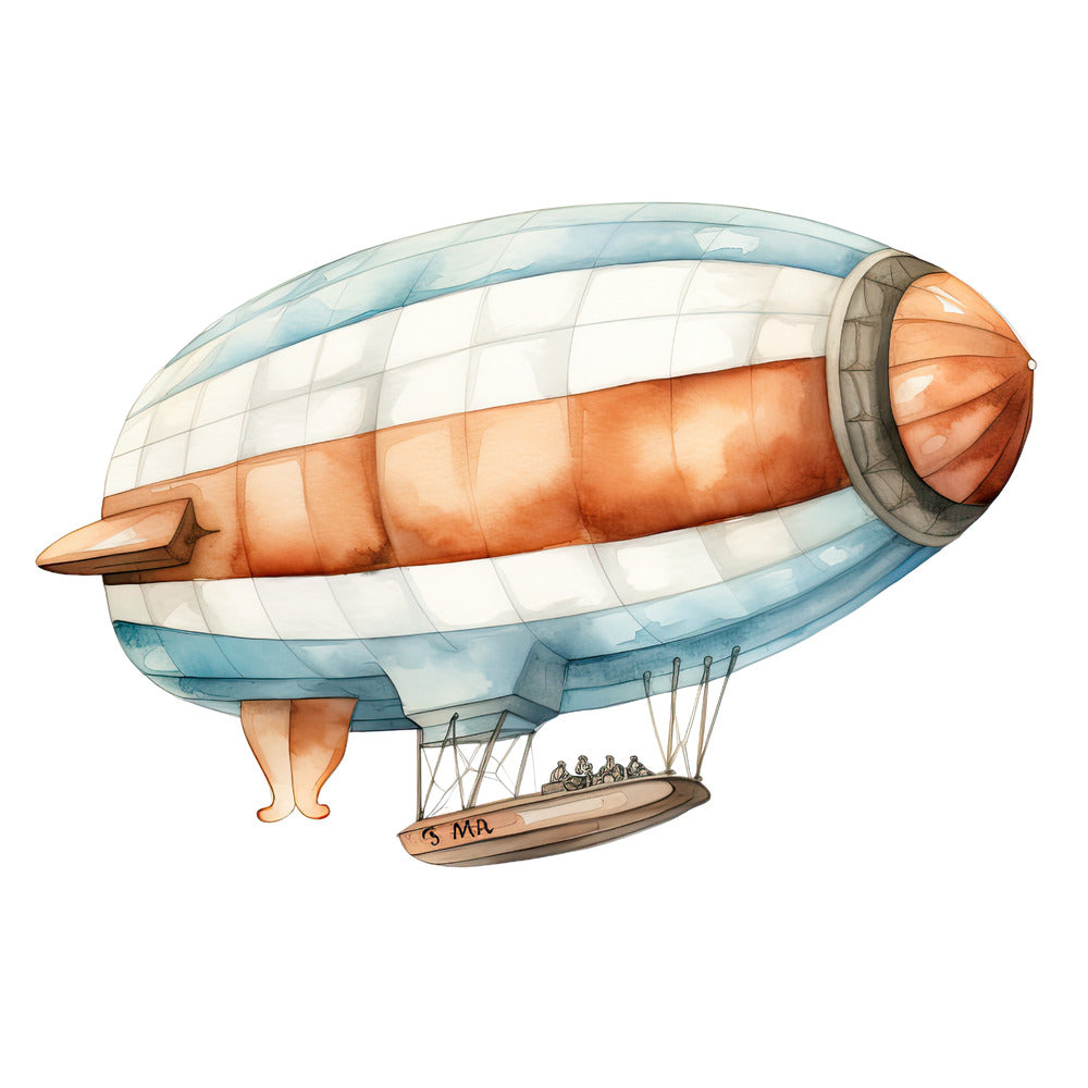 Watercolor Zeppelin Fabric Panel featuring a detailed vintage airship design on premium quilting cotton printed in the USA.