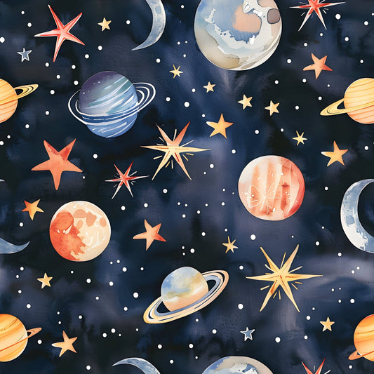 Watercolor Space Sky Moon Stars Pattern 10 Quilting Cotton Fabric
