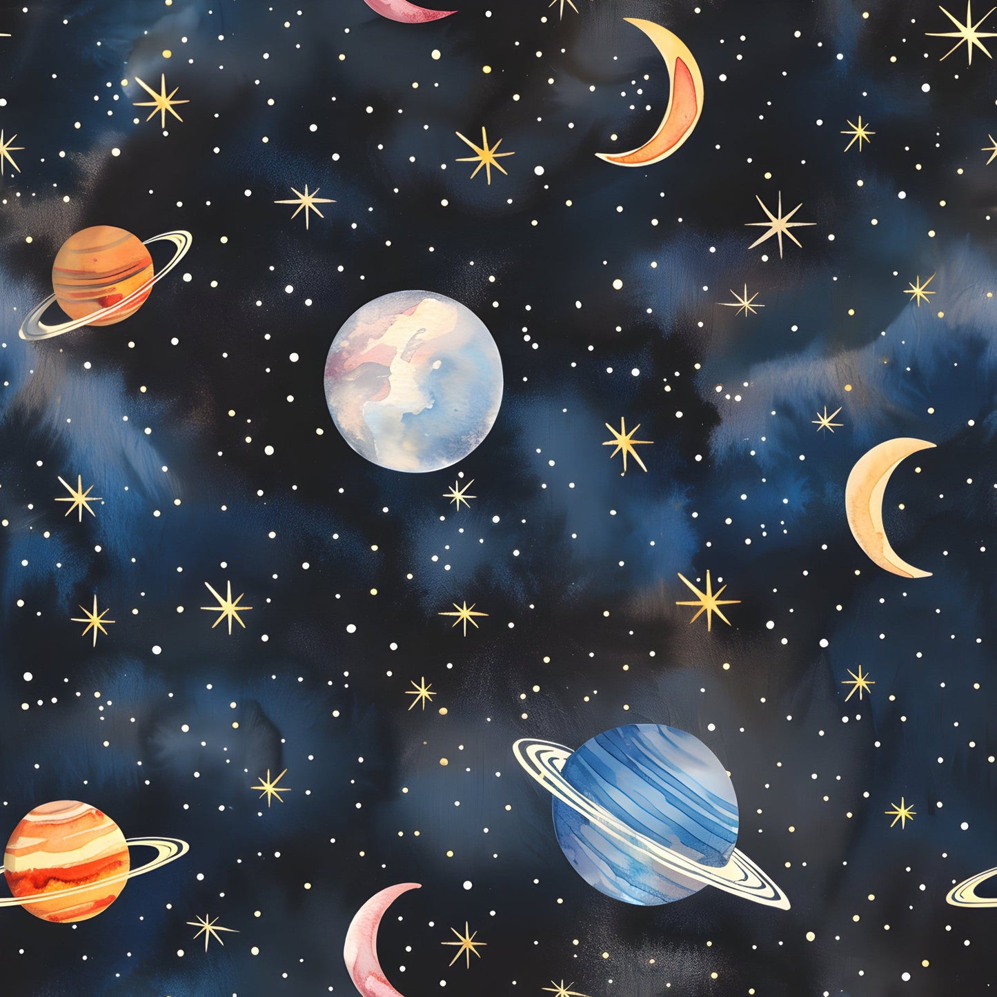 Watercolor Space Sky Moon Stars Pattern 16 Quilting Cotton Fabric