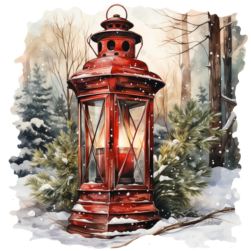 Winter Lantern 2 Fabric Panel featuring a red lantern in a snowy forest scene with pine branches and soft snowfall.