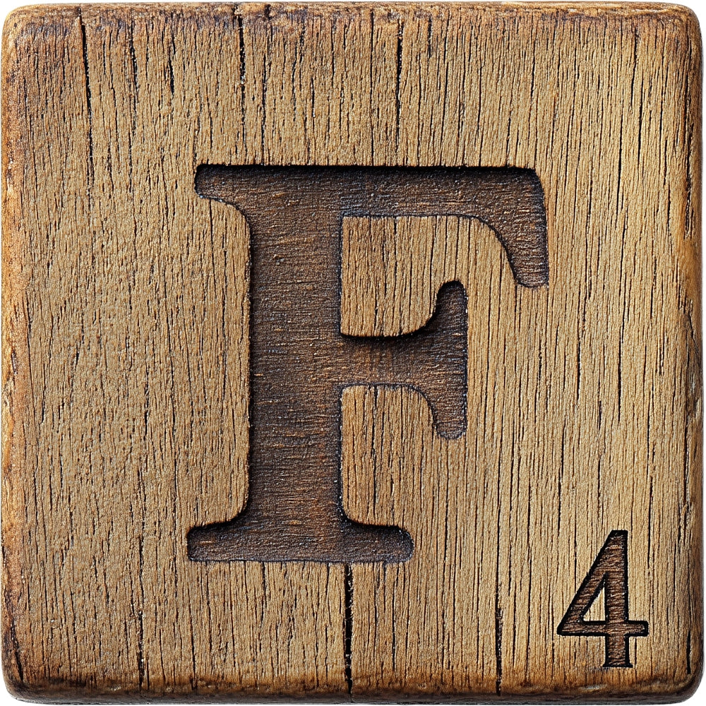 Wood Letter F Blocks Fabric Panel featuring a rustic carved F on textured wood with number 4 in corner.
