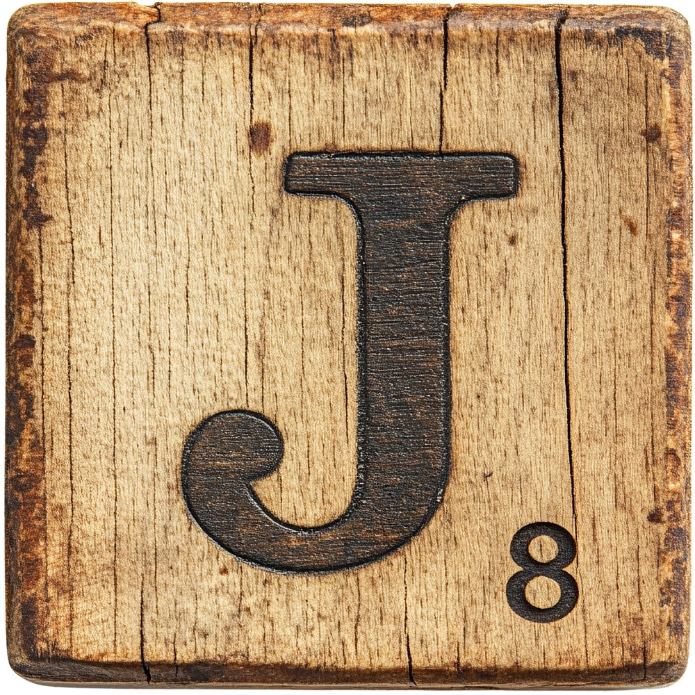 Wood Letter J Blocks Fabric Panel featuring a rustic wooden texture with black letter J and number 8 on distressed surface.