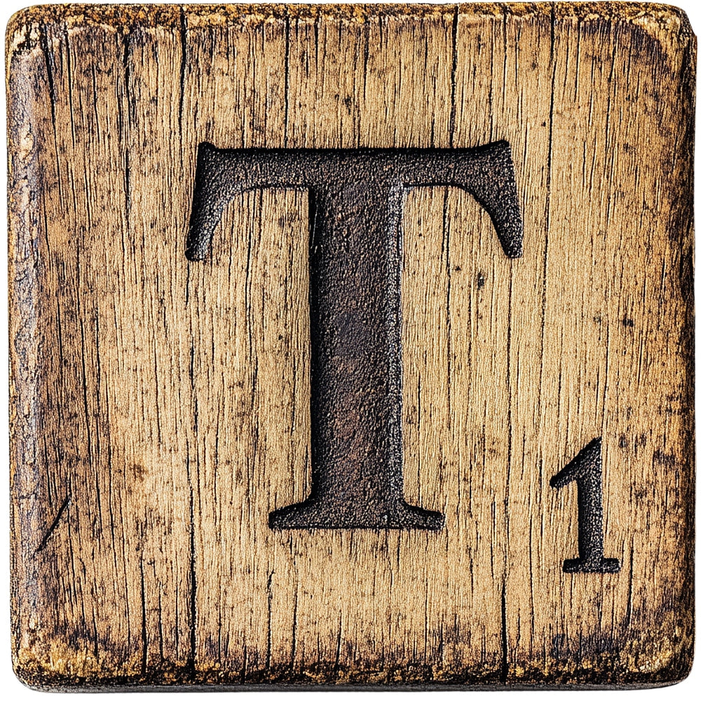 Wood Letter T Blocks Fabric Panel showcasing a rustic wooden block with engraved letter T and number 1 detail.