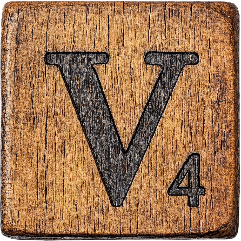 Wood Letter V Blocks Fabric Panel showing rustic wooden texture with engraved black letter V and number 4 on a square block.