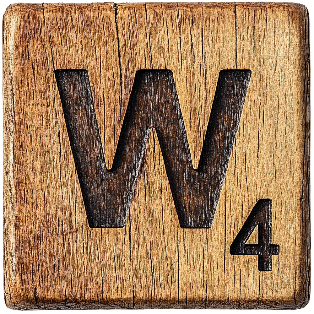 Wood Letter W Blocks Fabric Panel showing a rustic wooden block with the letter W and number 4 carved in dark wood grain texture.
