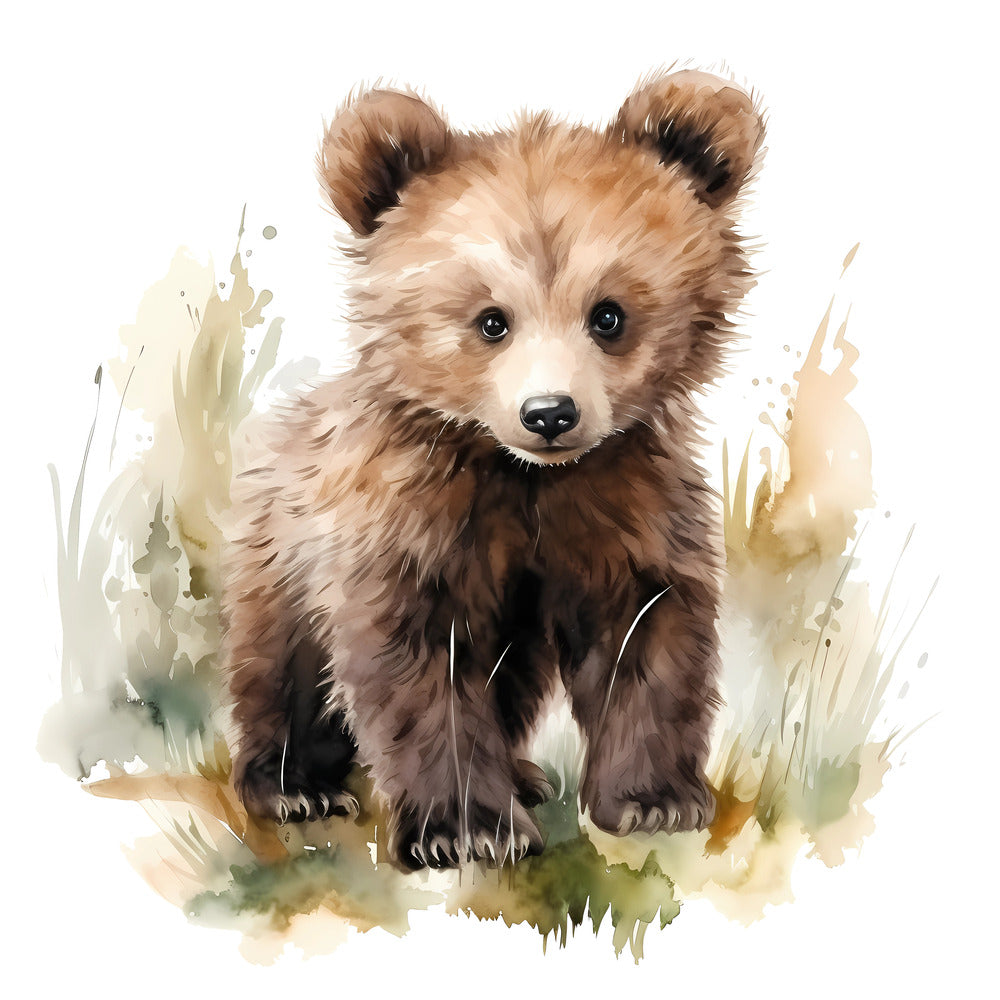 Woodland Baby Bear 1 Fabric Panel featuring a detailed, soft watercolor illustration of a curious baby bear in natural tones.